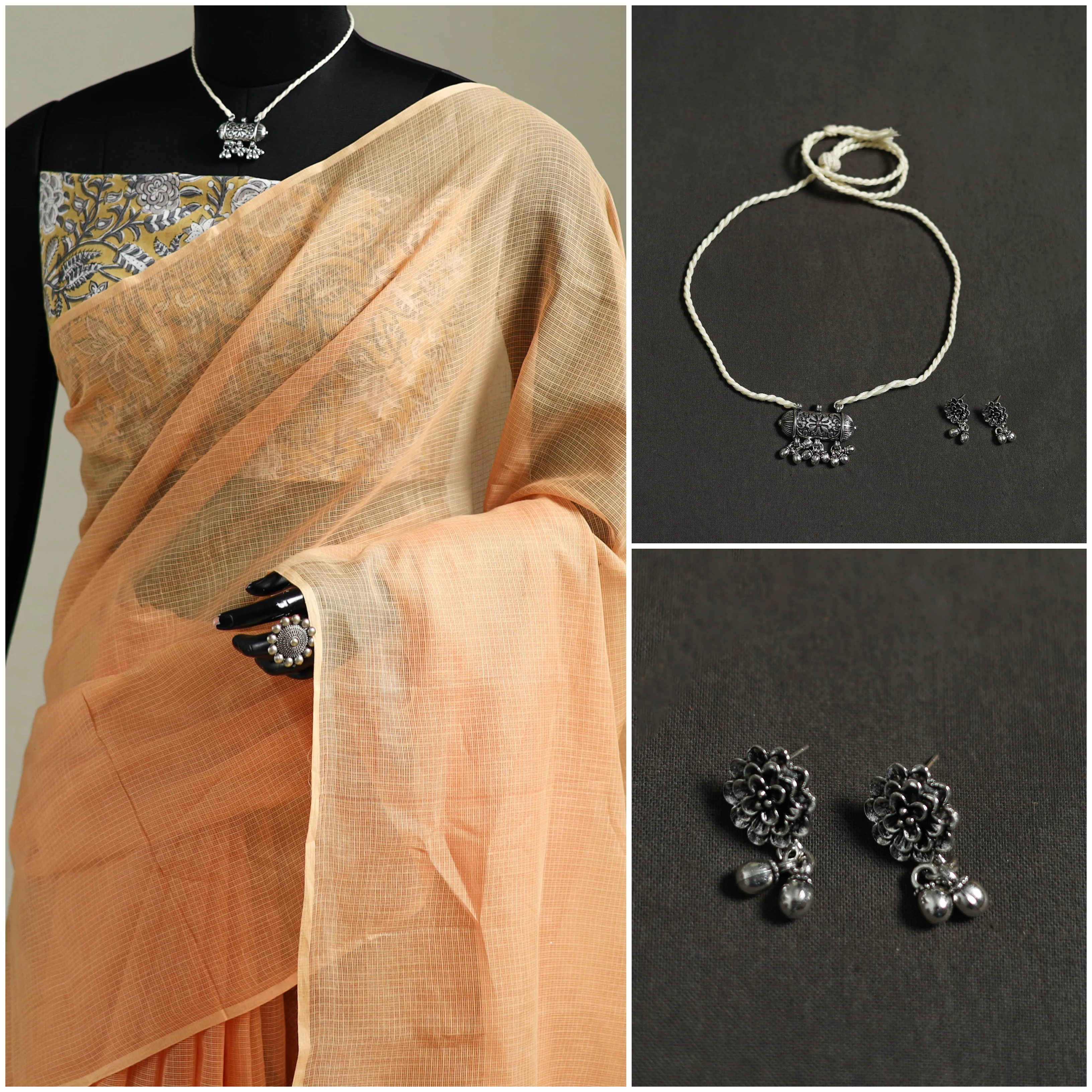 Peach - Nazaakat Kota Doria Cotton Plain Saree with Blouse & Jewellery Set 49 - Image 3