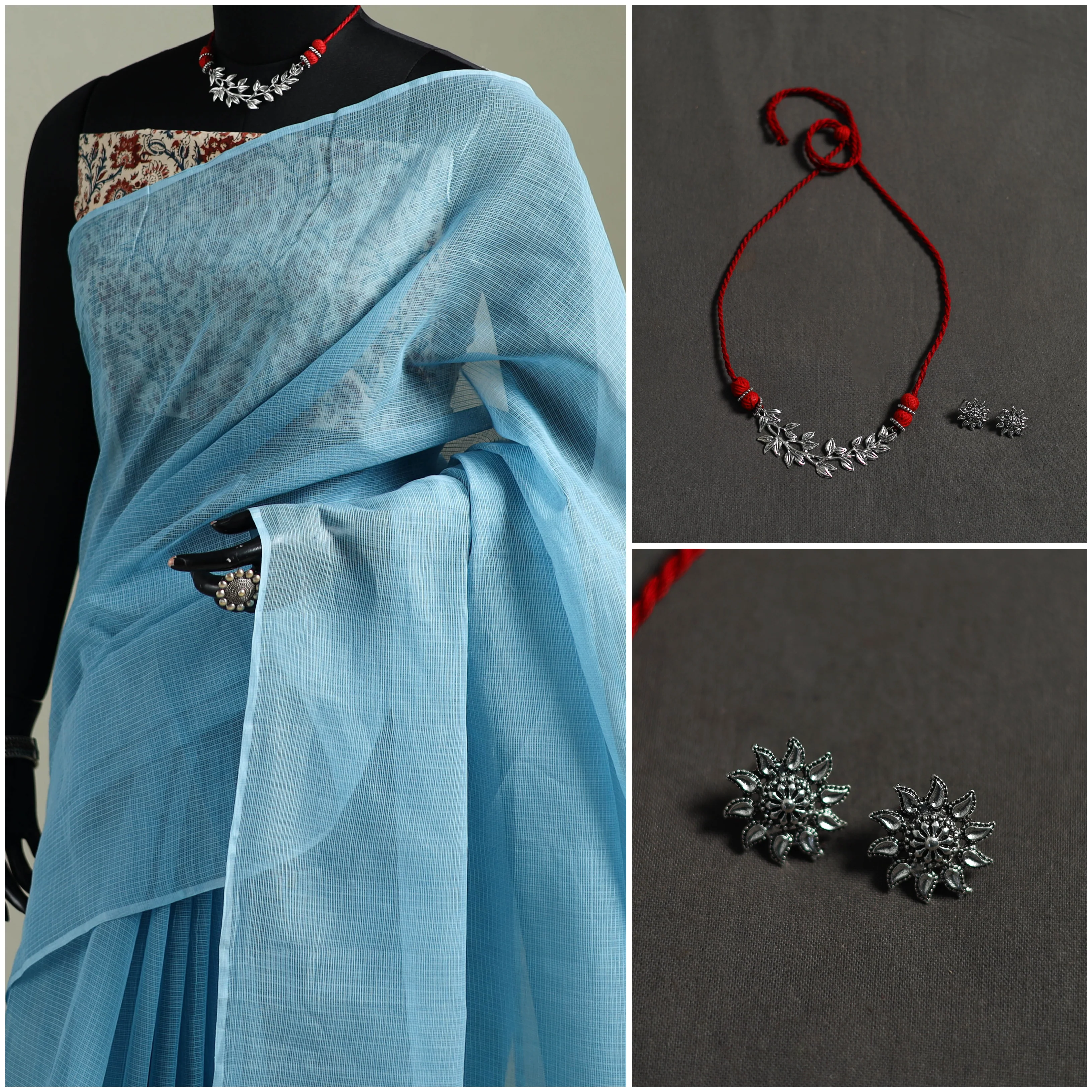 Blue - Nazaakat Kota Doria Cotton Plain Saree with Blouse & Jewellery Set 53 - Image 3