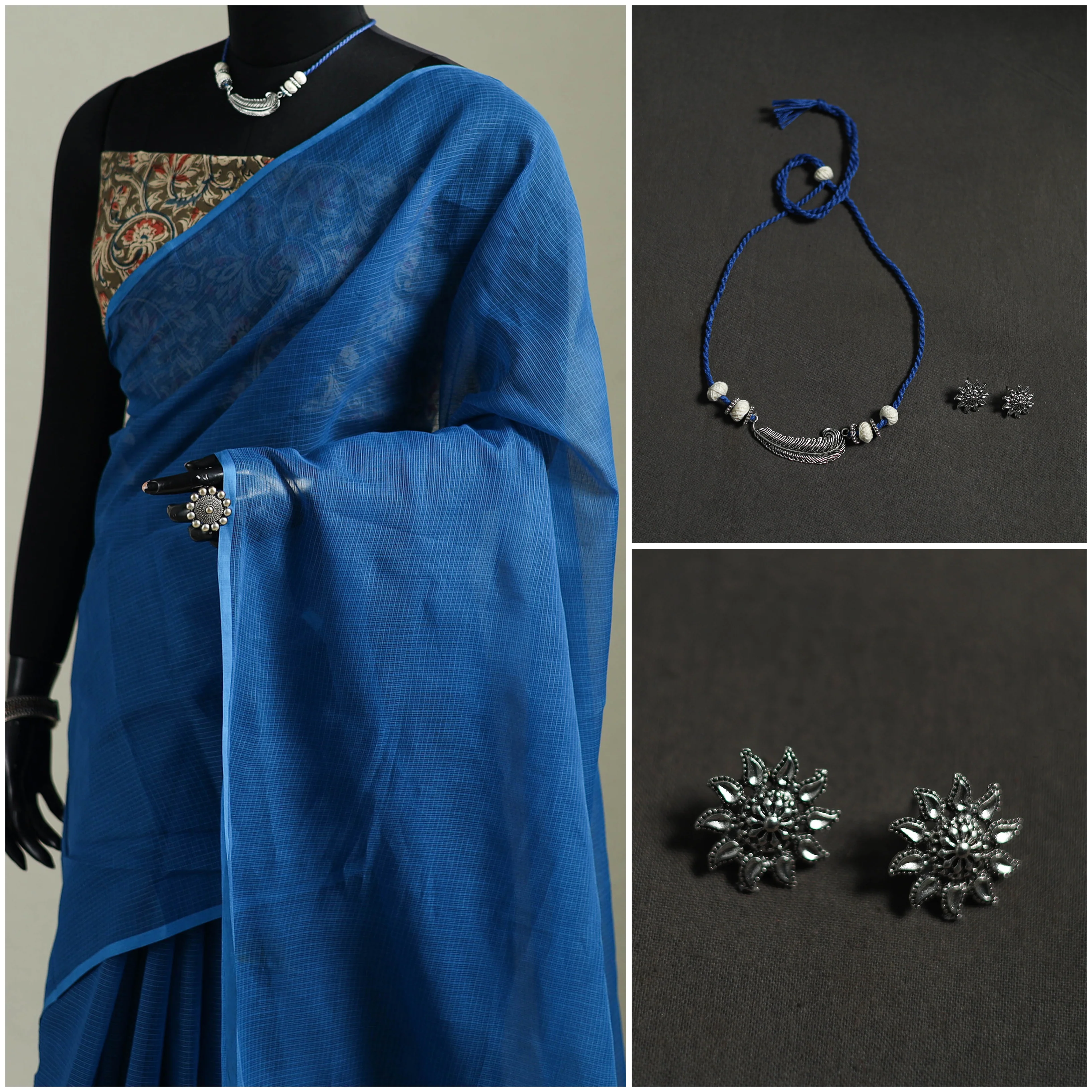 Blue - Nazaakat Kota Doria Cotton Plain Saree with Blouse & Jewellery Set 54 - Image 3