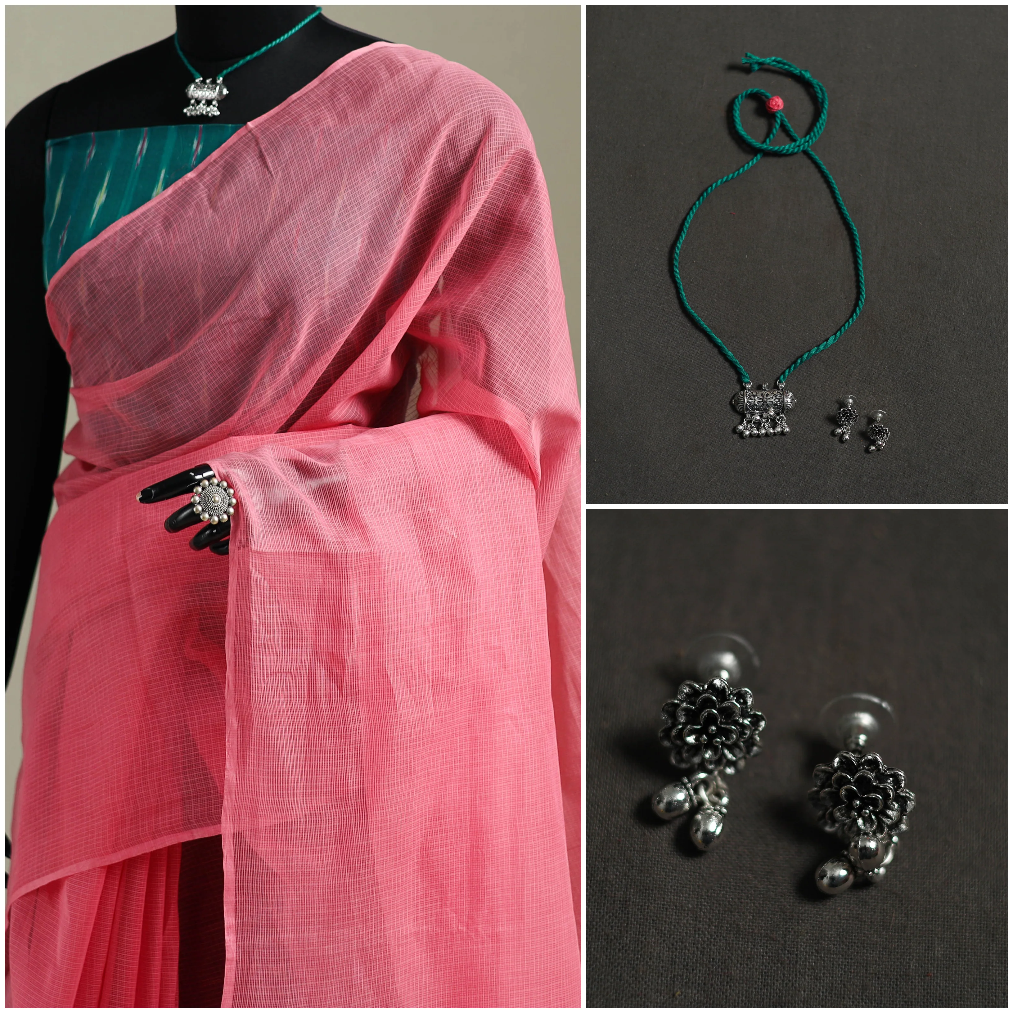 Pink - Nazaakat Kota Doria Cotton Plain Saree with Blouse & Jewellery Set 59 - Image 3