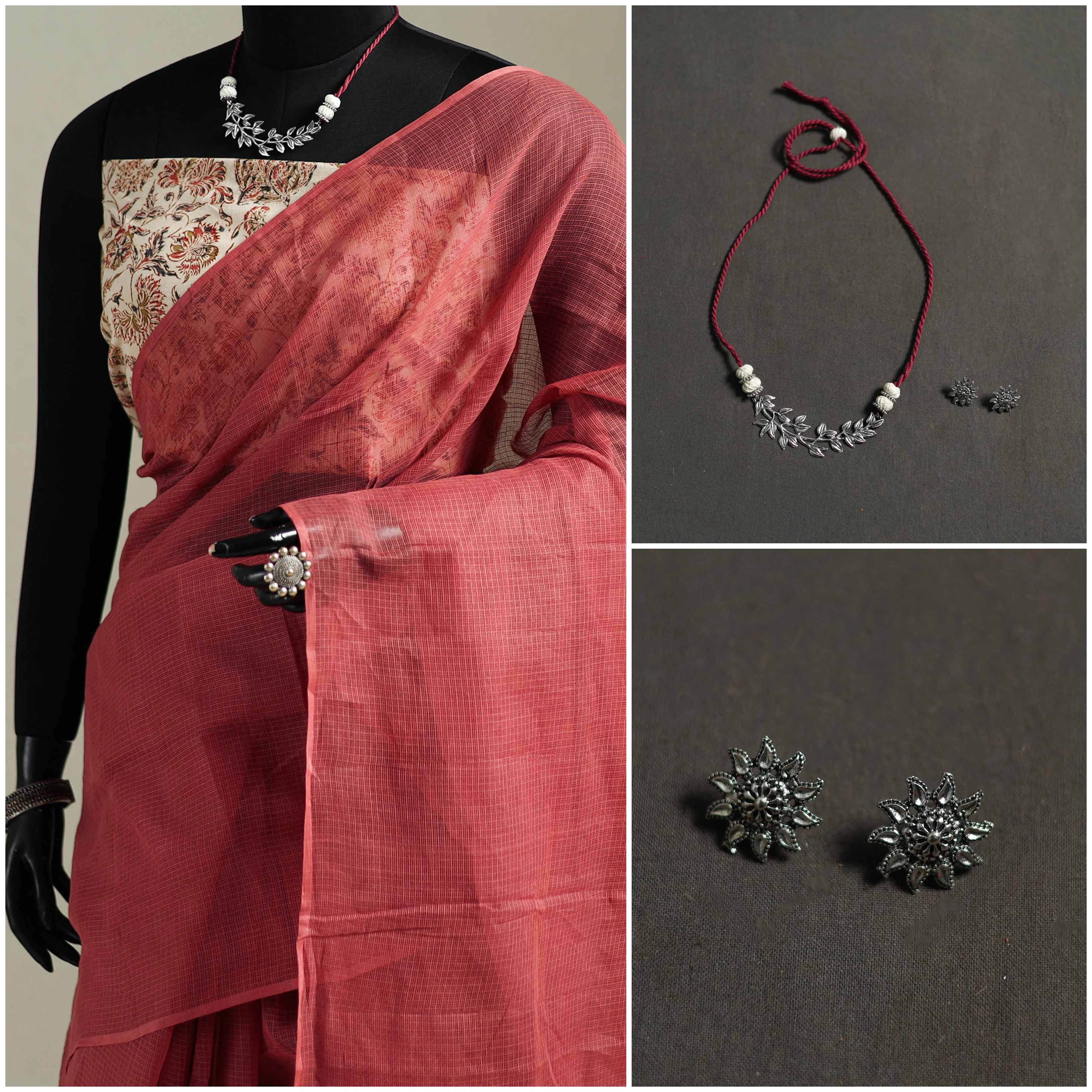 Red - Nazaakat Kota Doria Cotton Plain Saree with Blouse & Jewellery Set 63 - Image 3