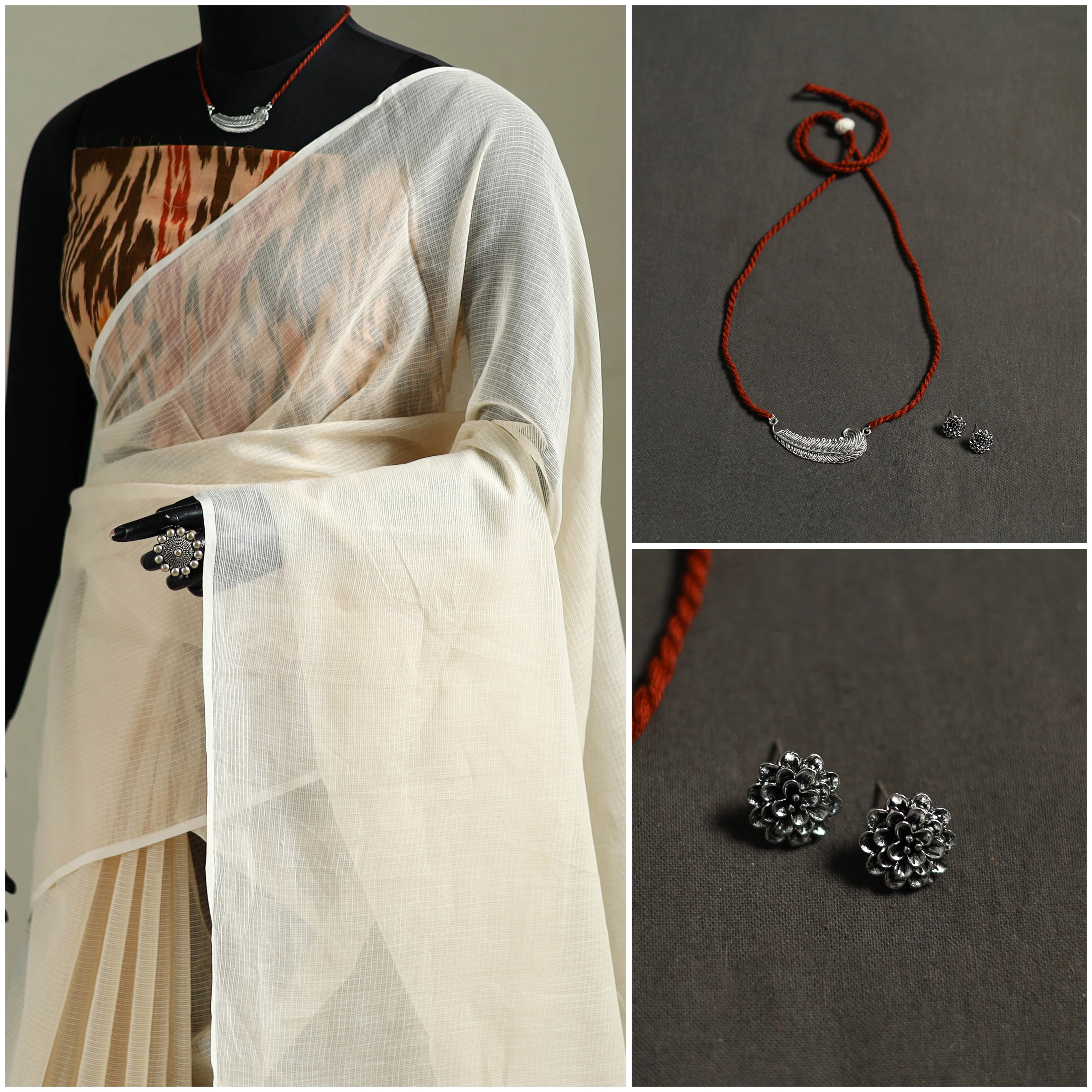 Beige - Nazaakat Kota Doria Cotton Plain Saree with Blouse & Jewellery Set 70 - Image 3