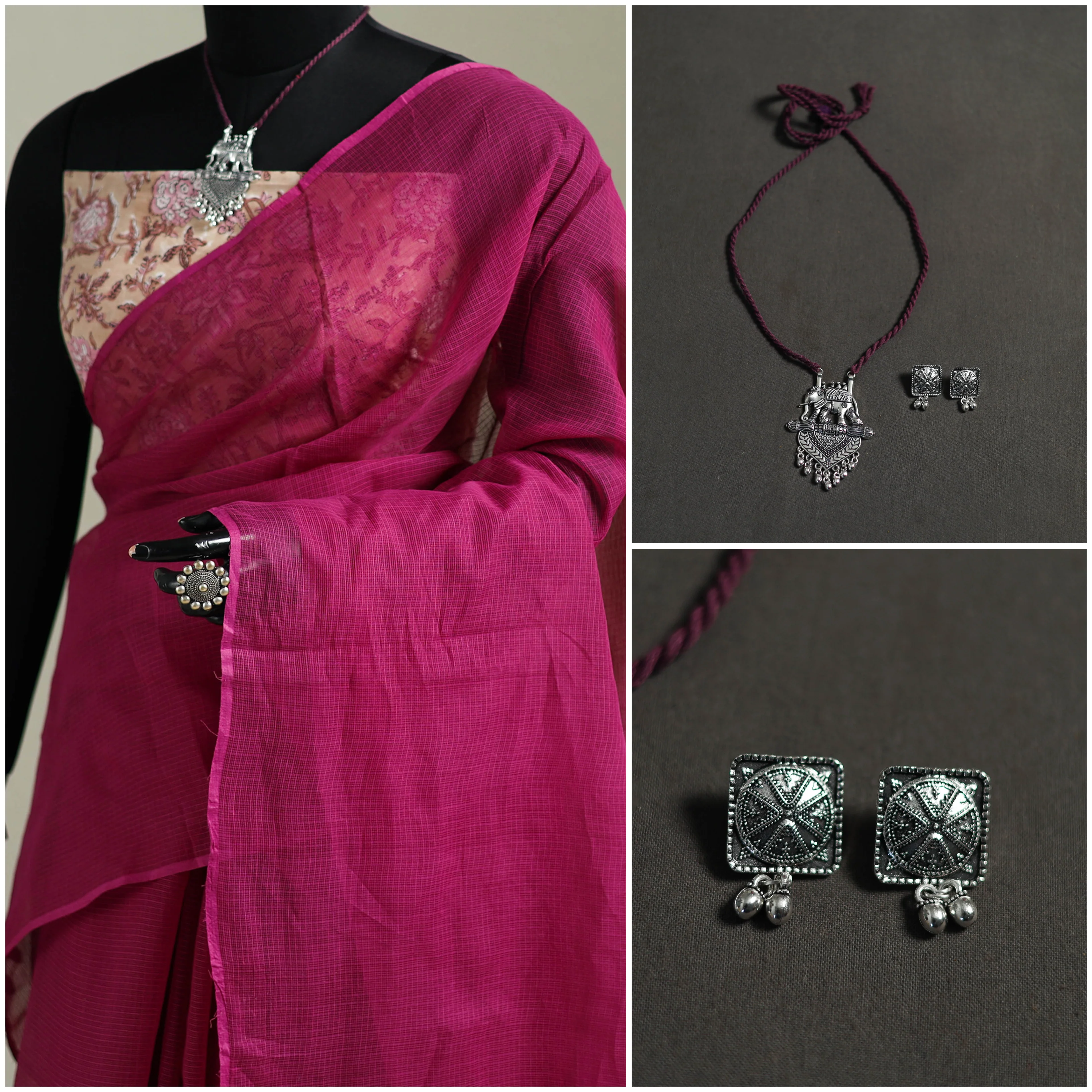 Pink - Nazaakat Kota Doria Cotton Plain Saree with Blouse & Jewellery Set 72 - Image 3