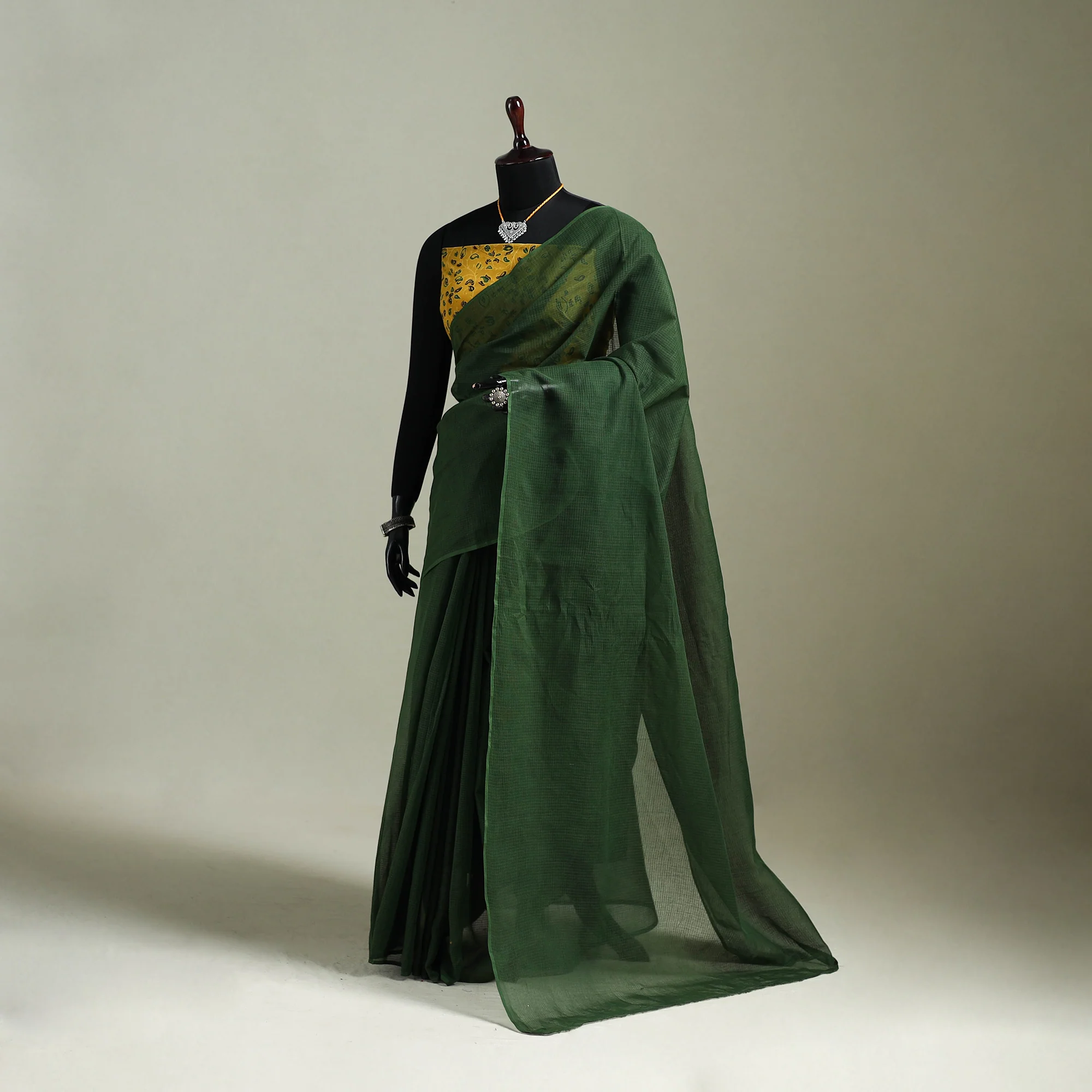 Green - Nazaakat Kota Doria Cotton Plain Saree with Blouse & Jewellery Set 74