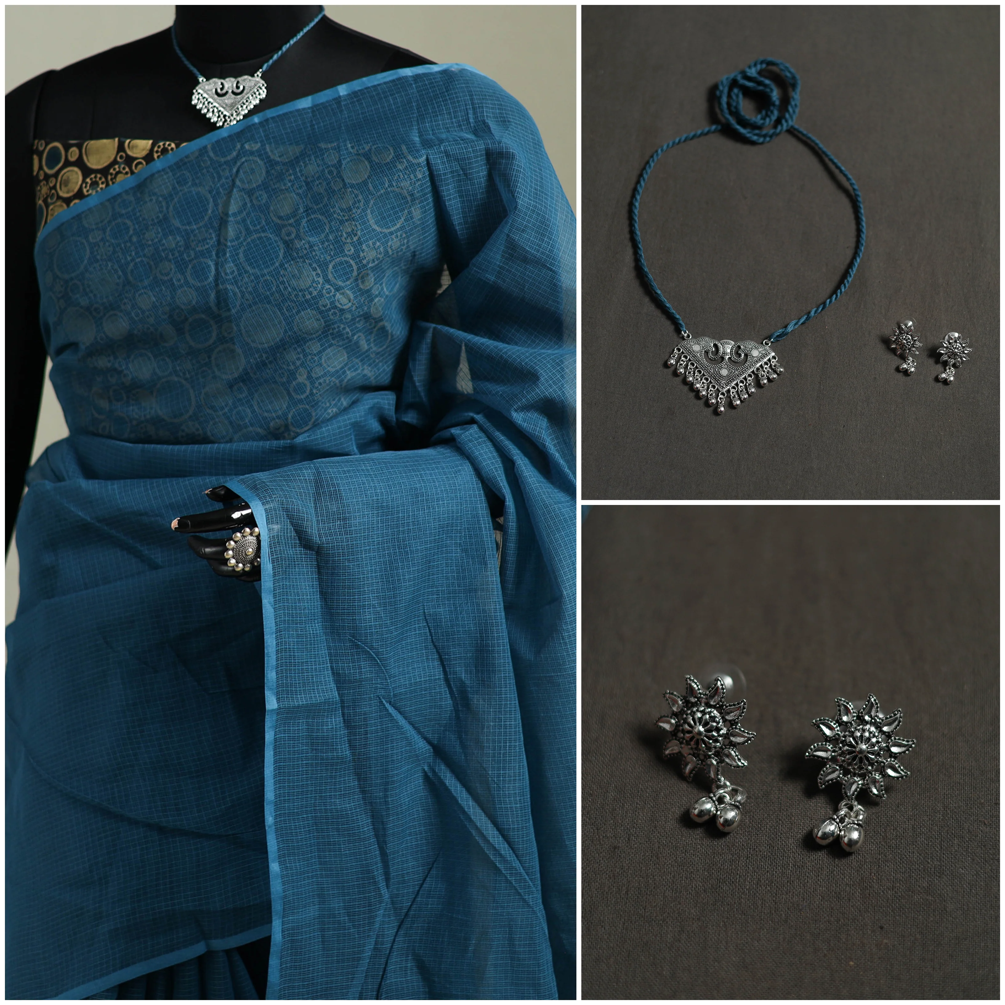 Blue - Nazaakat Kota Doria Cotton Plain Saree with Blouse & Jewellery Set 83 - Image 3