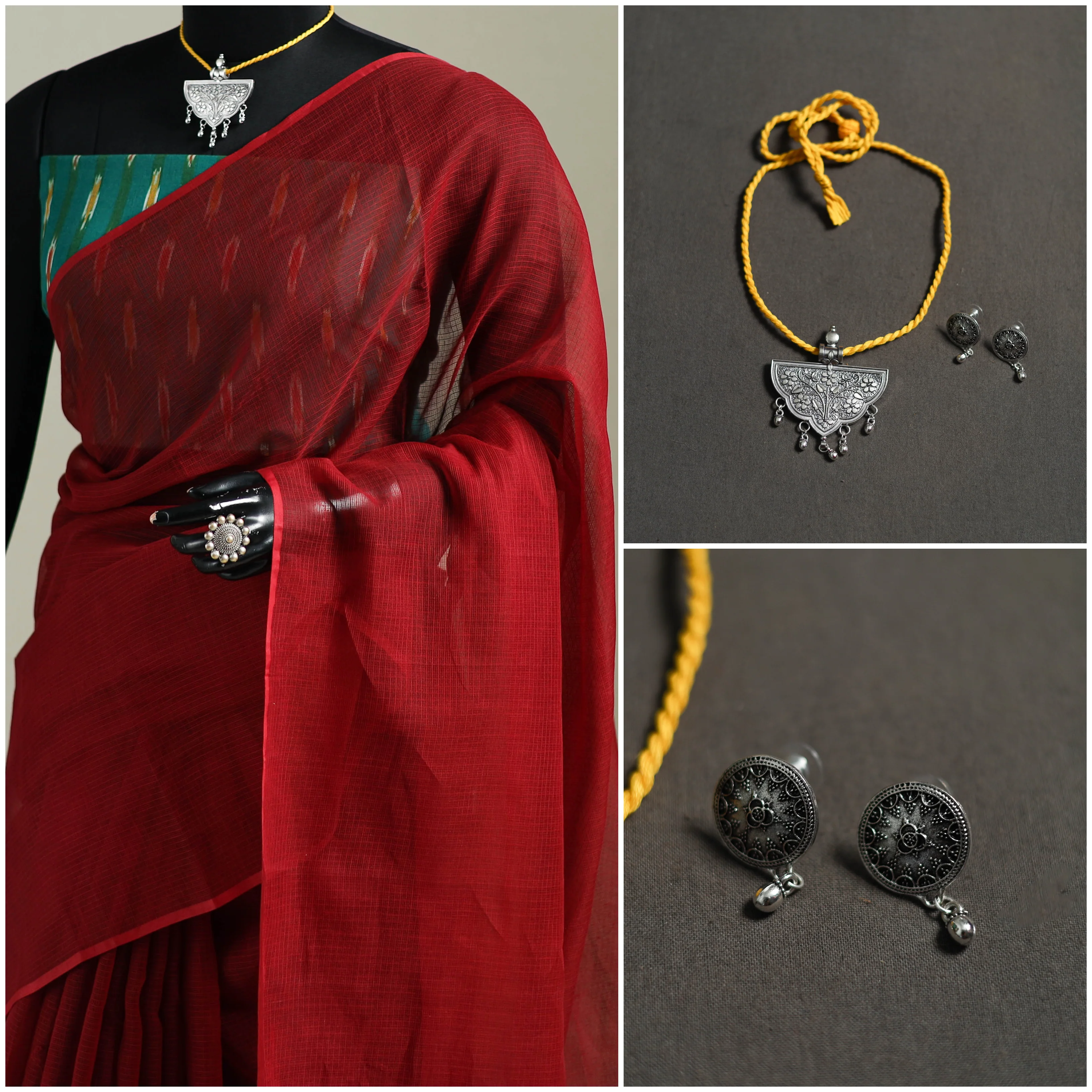 Red - Nazaakat Kota Doria Cotton Plain Saree with Blouse & Jewellery Set 95 - Image 3