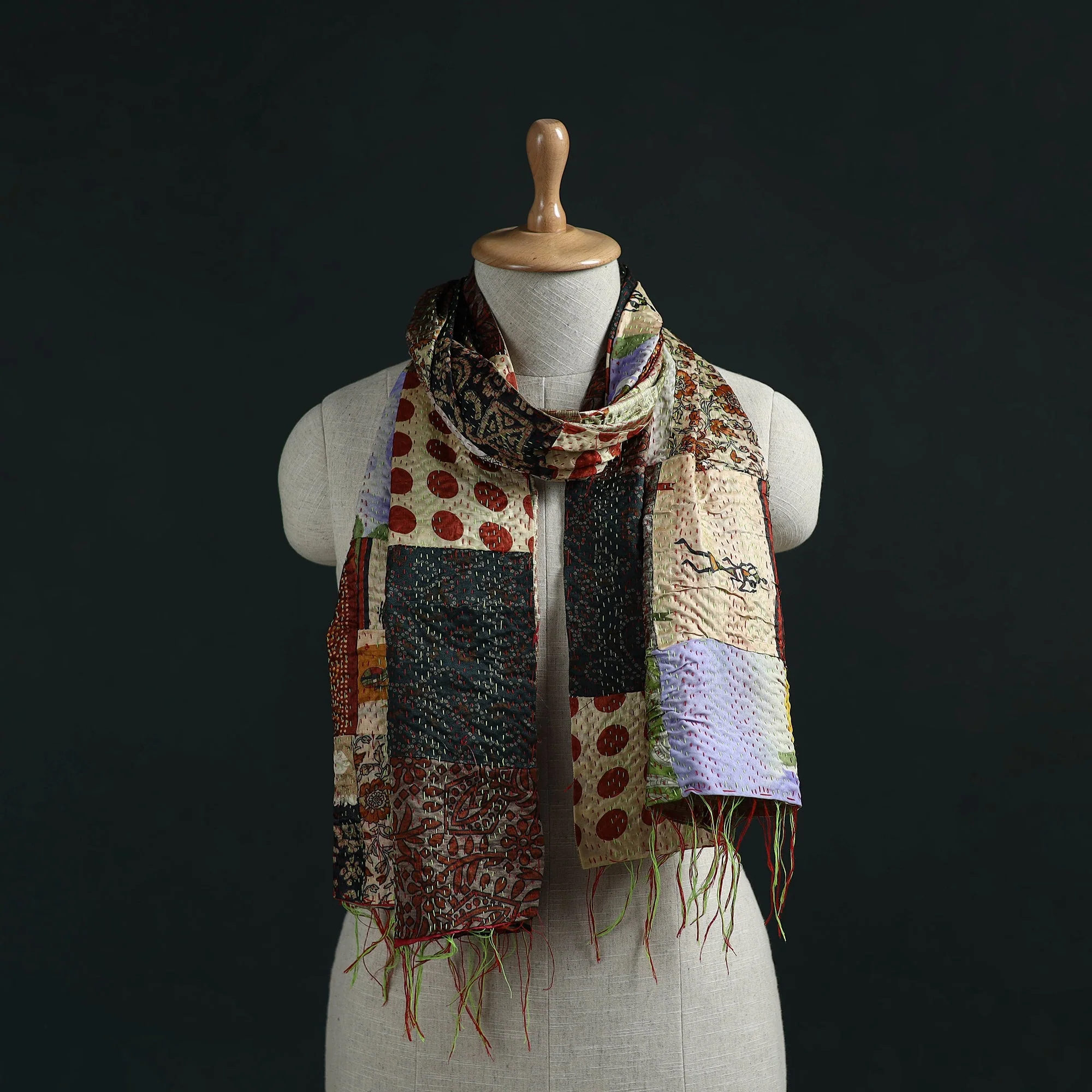Multicolor - Patchwork Reversible Silk Bengal Hand Kantha Stitch Stole 01