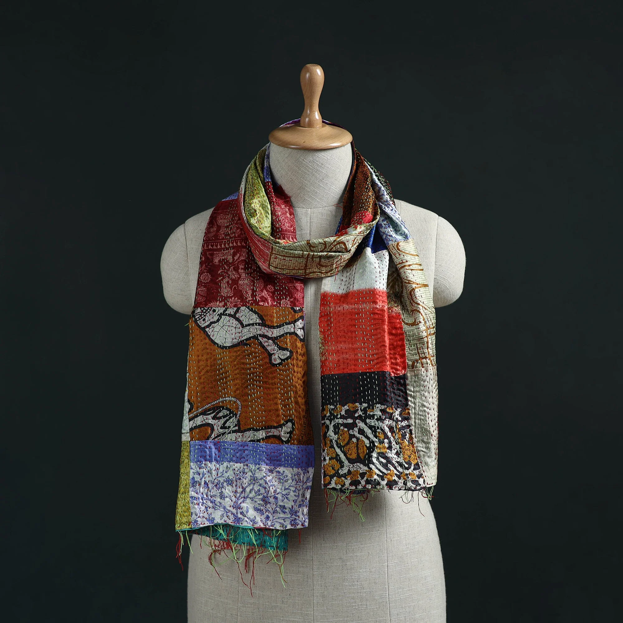 Multicolor - Patchwork Reversible Silk Bengal Hand Kantha Stitch Stole 05