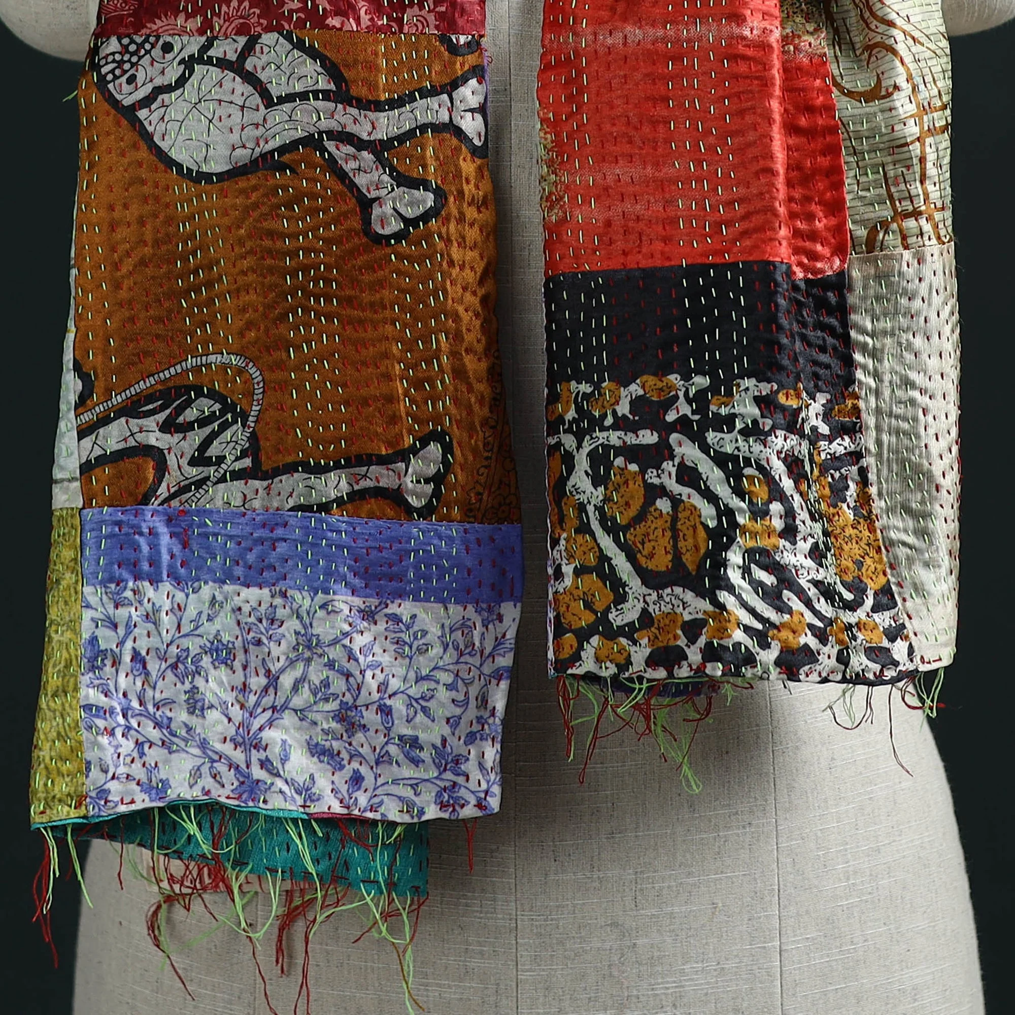 Multicolor - Patchwork Reversible Silk Bengal Hand Kantha Stitch Stole 05 - Image 2