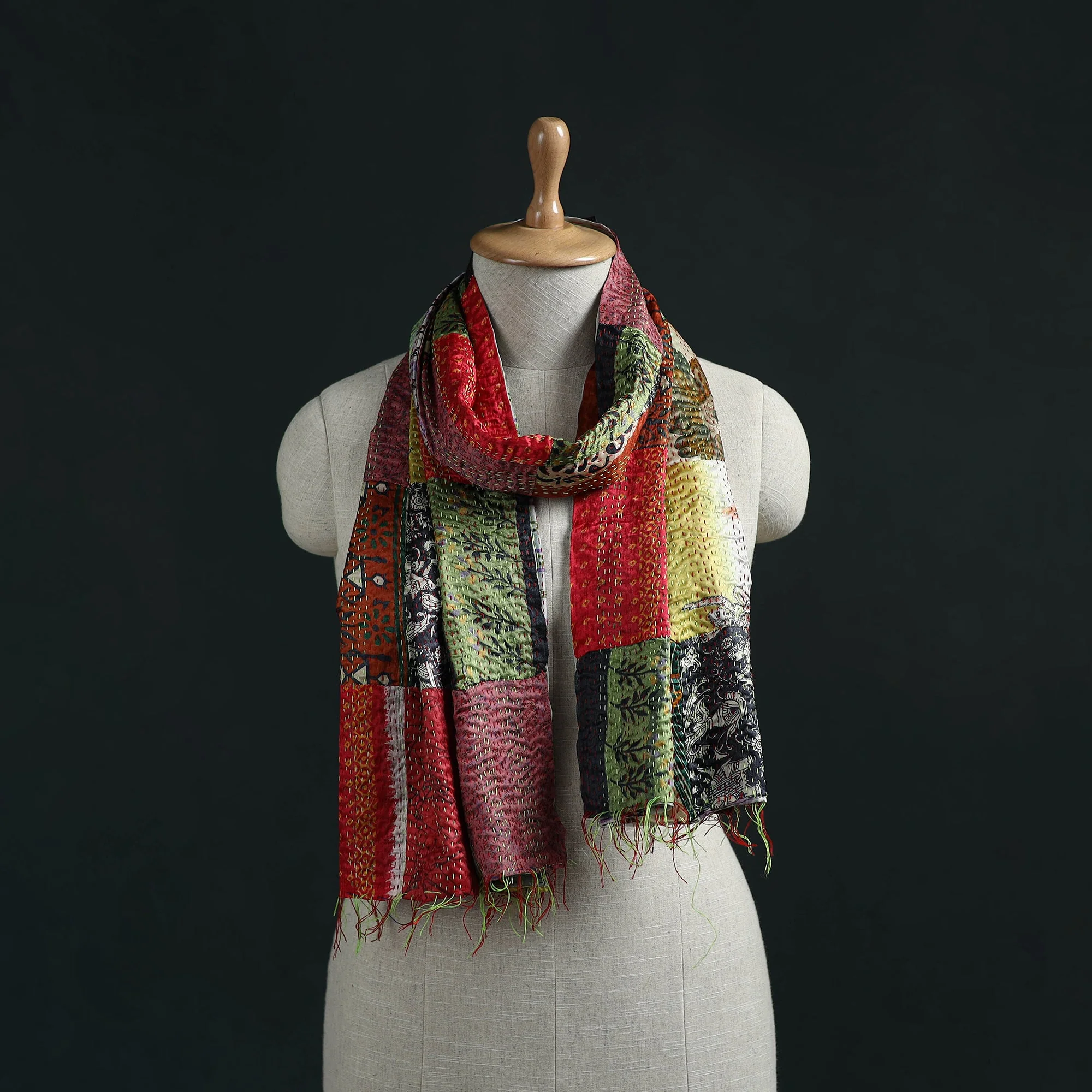 Multicolor - Patchwork Reversible Silk Bengal Hand Kantha Stitch Stole 09