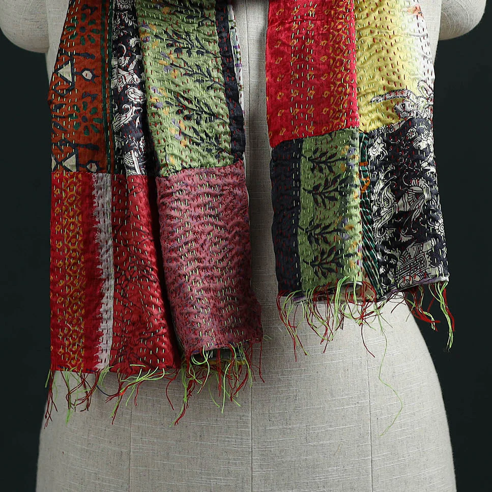 Multicolor - Patchwork Reversible Silk Bengal Hand Kantha Stitch Stole 09 - Image 2
