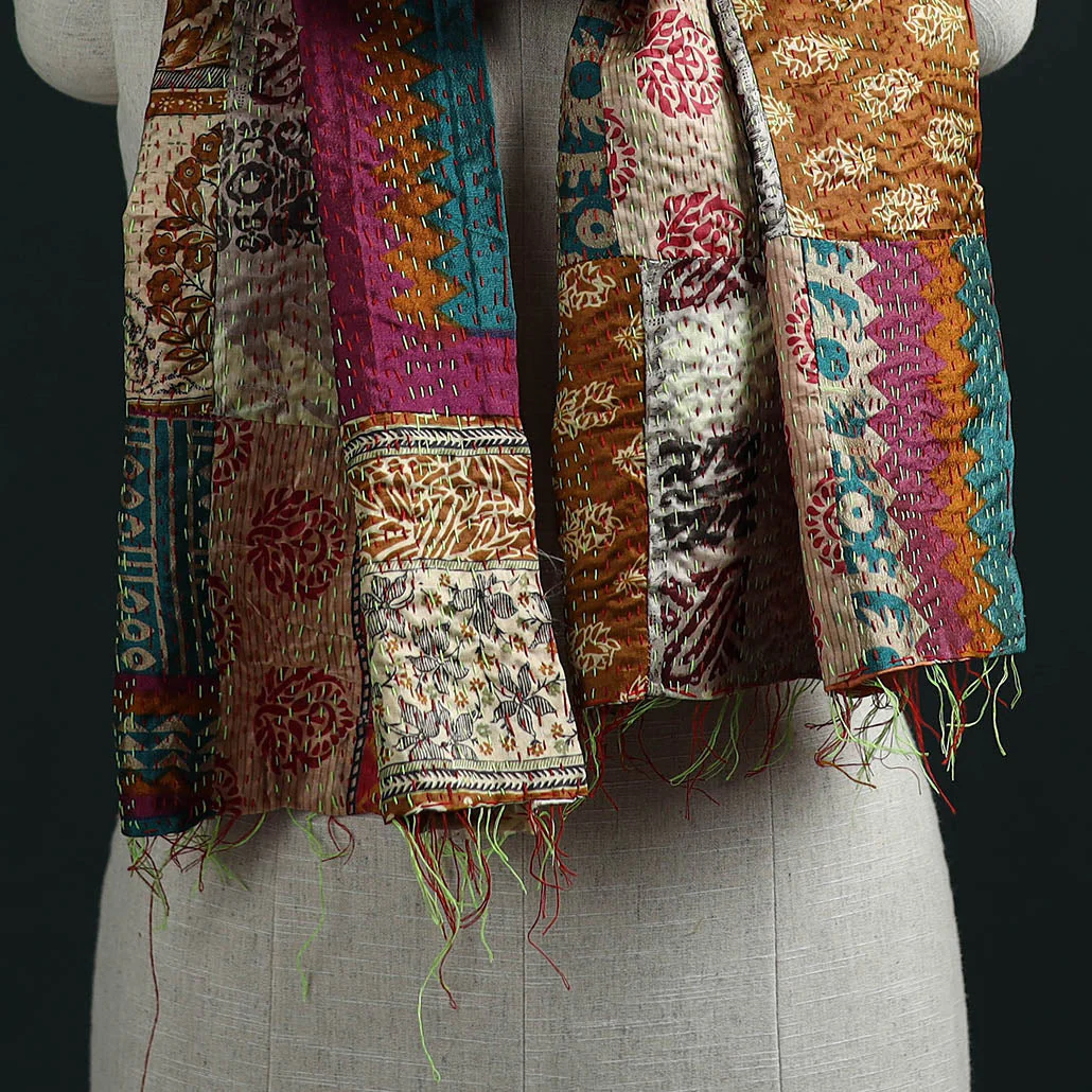 Multicolor - Patchwork Reversible Silk Bengal Hand Kantha Stitch Stole 11 - Image 2