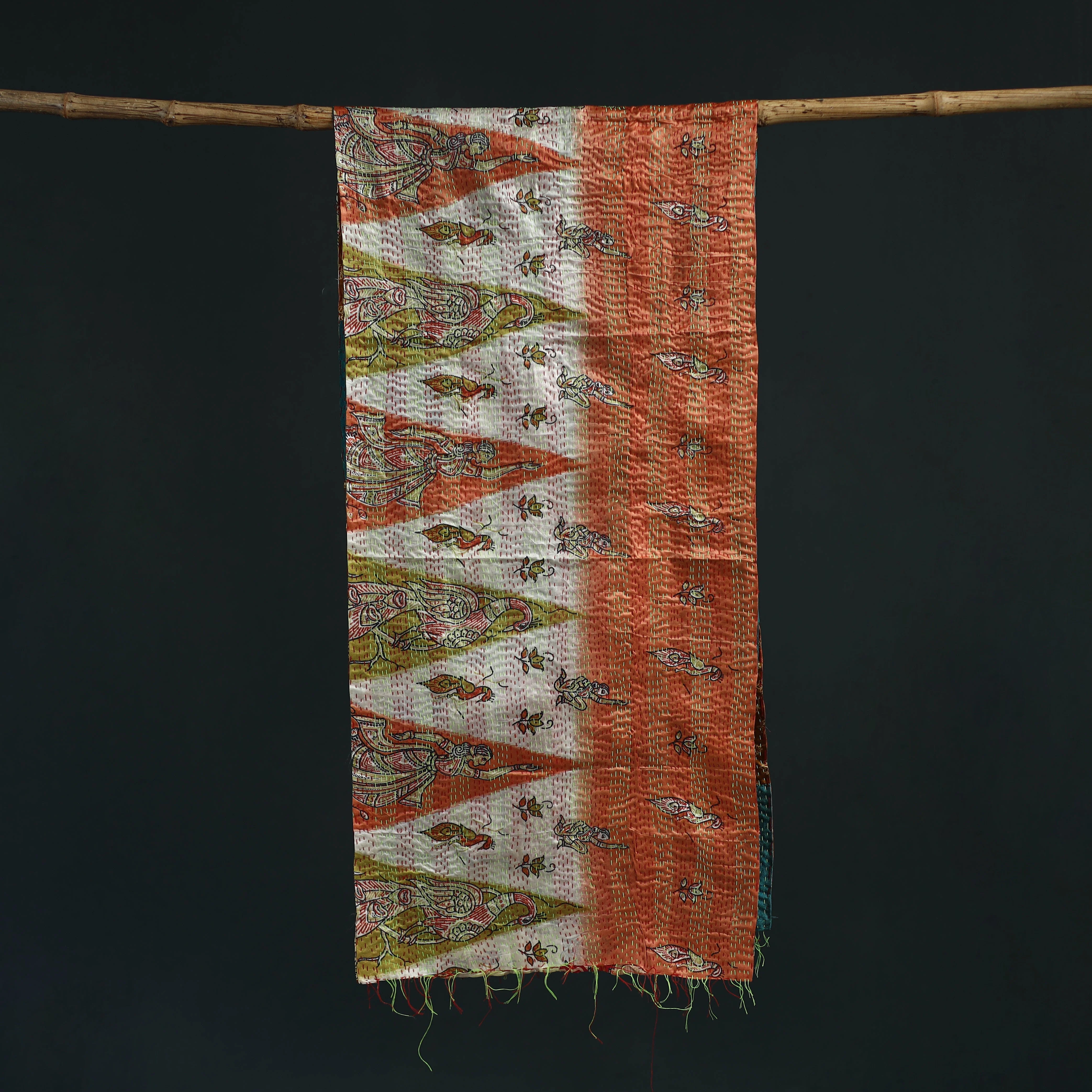 Multicolor - Patchwork Reversible Silk Bengal Hand Kantha Stitch Stole 11 - Image 3