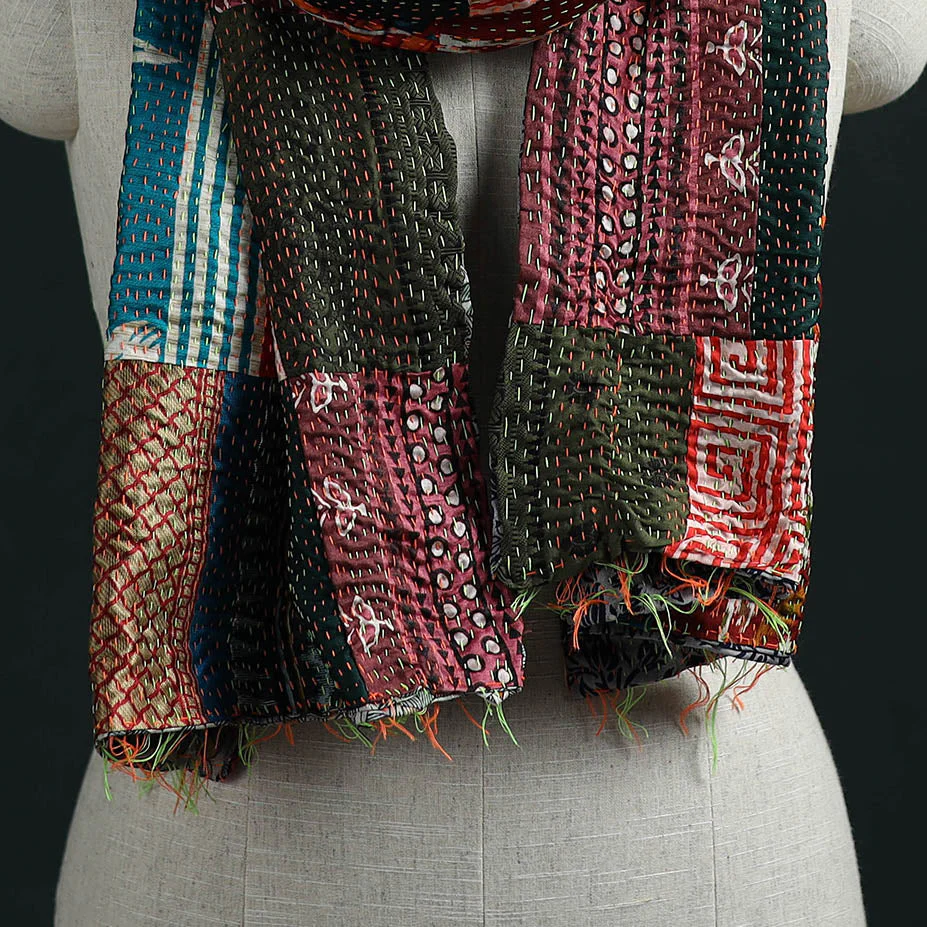 Multicolor - Patchwork Reversible Silk Bengal Hand Kantha Stitch Stole 12 - Image 2