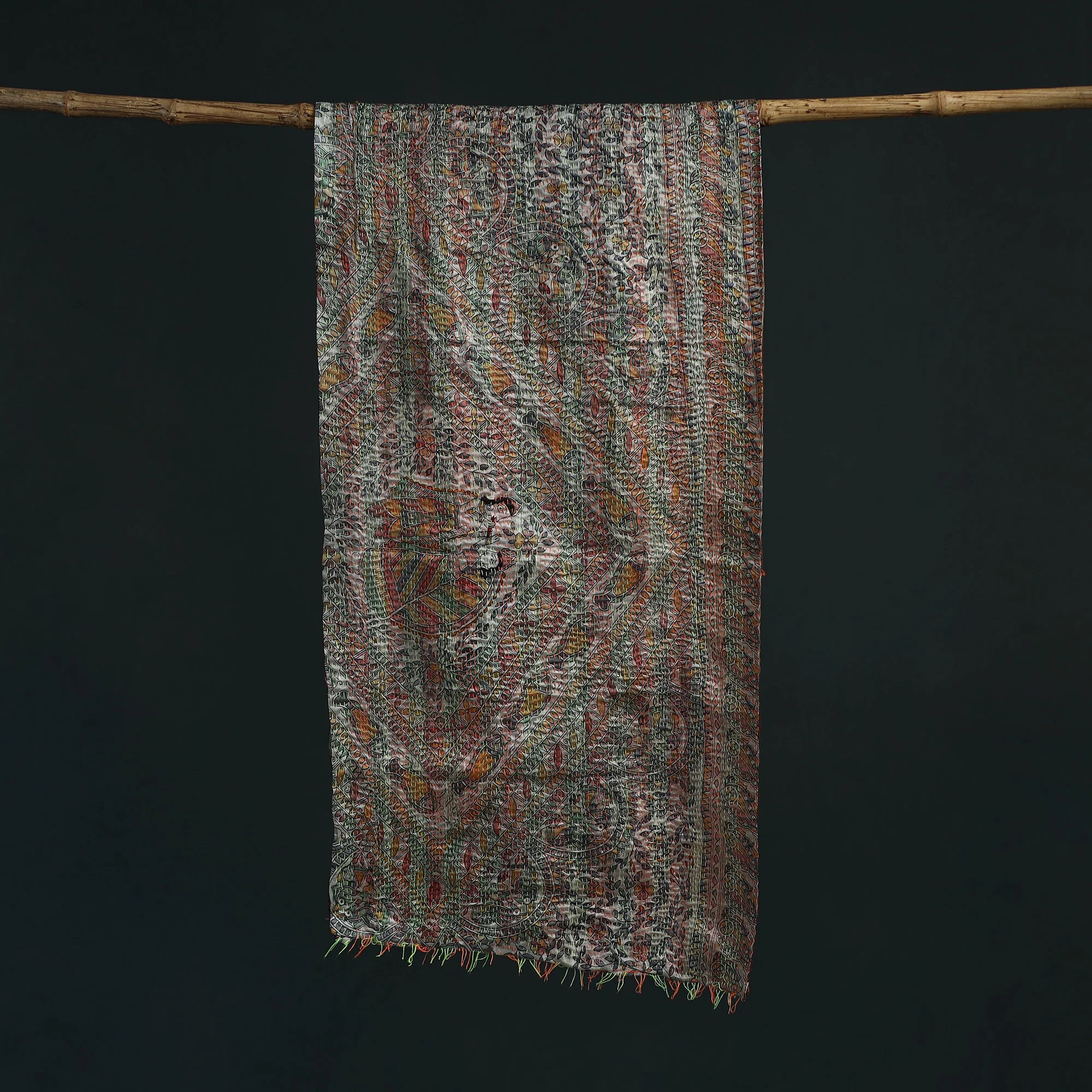 Multicolor - Patchwork Reversible Silk Bengal Hand Kantha Stitch Stole 12 - Image 3