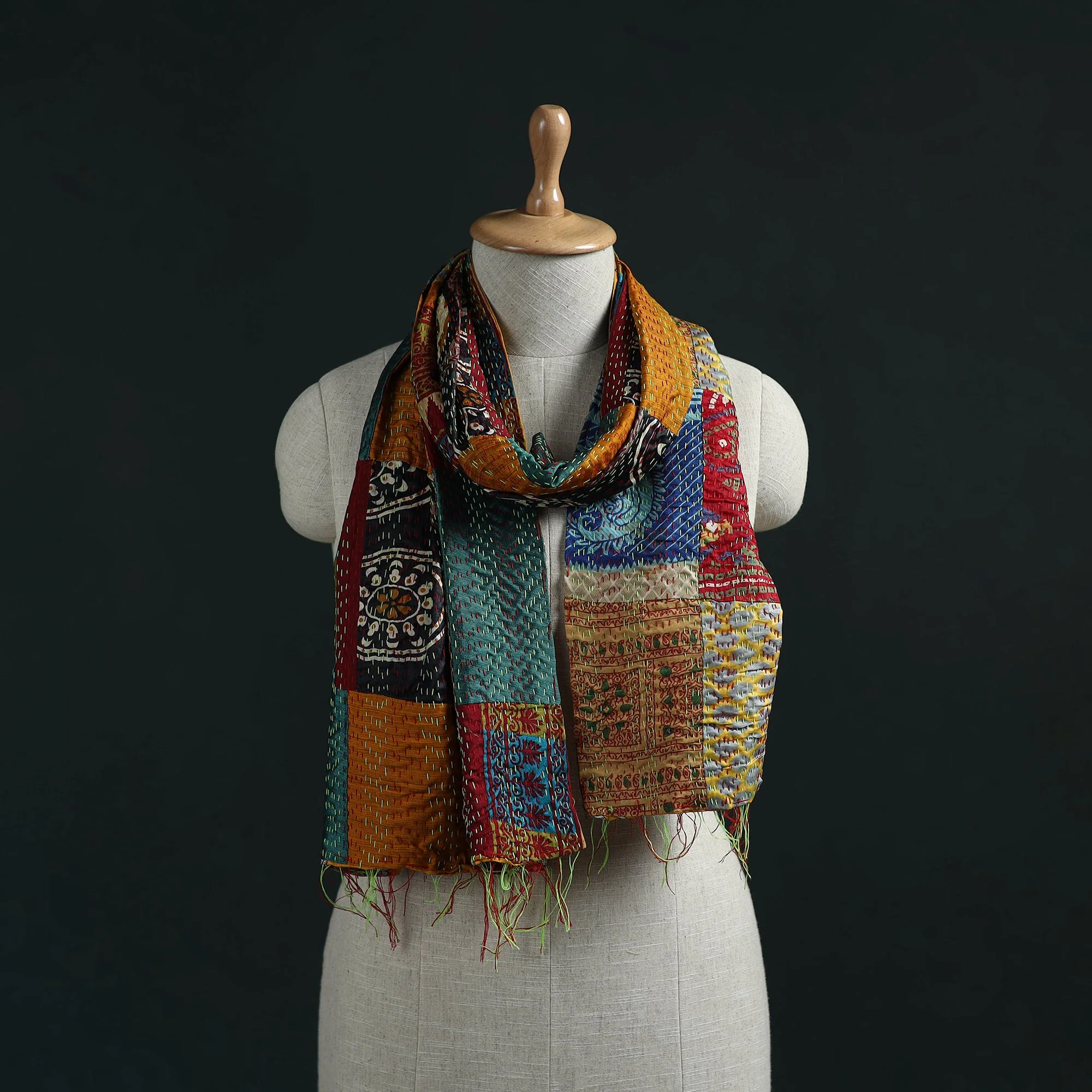 Multicolor - Patchwork Reversible Silk Bengal Hand Kantha Stitch Stole 14