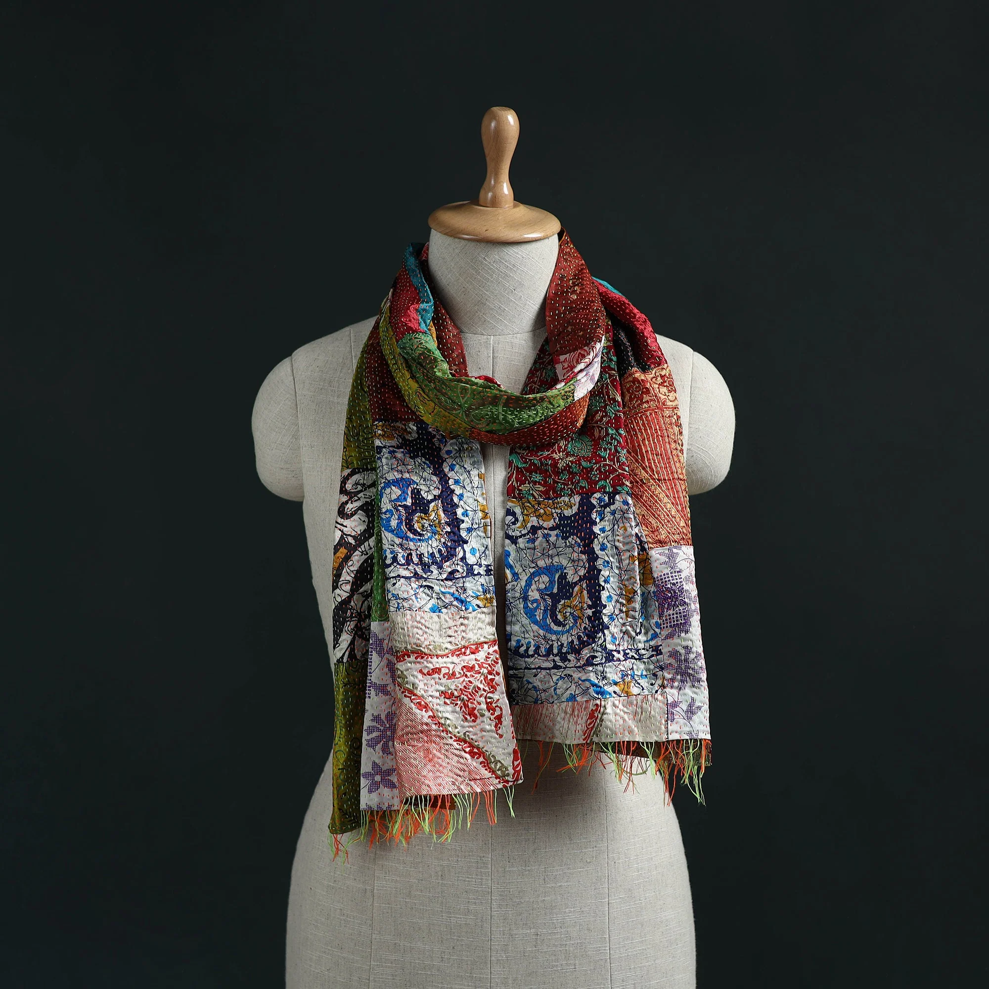 Multicolor - Patchwork Reversible Silk Bengal Hand Kantha Stitch Stole 15