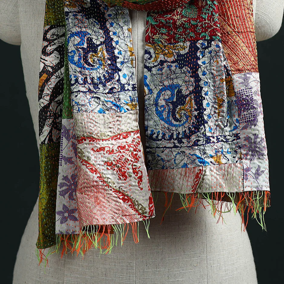 Multicolor - Patchwork Reversible Silk Bengal Hand Kantha Stitch Stole 15 - Image 2