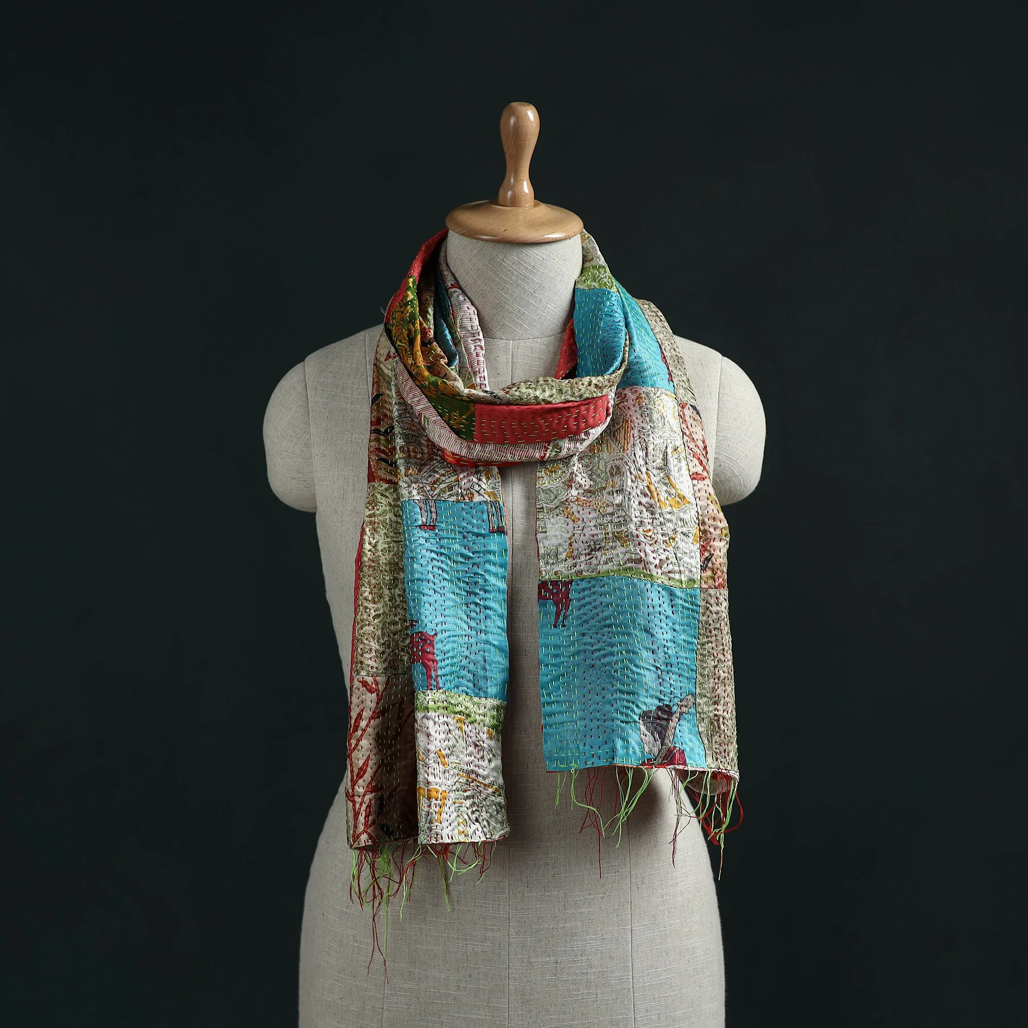 Multicolor - Patchwork Reversible Silk Bengal Hand Kantha Stitch Stole 16