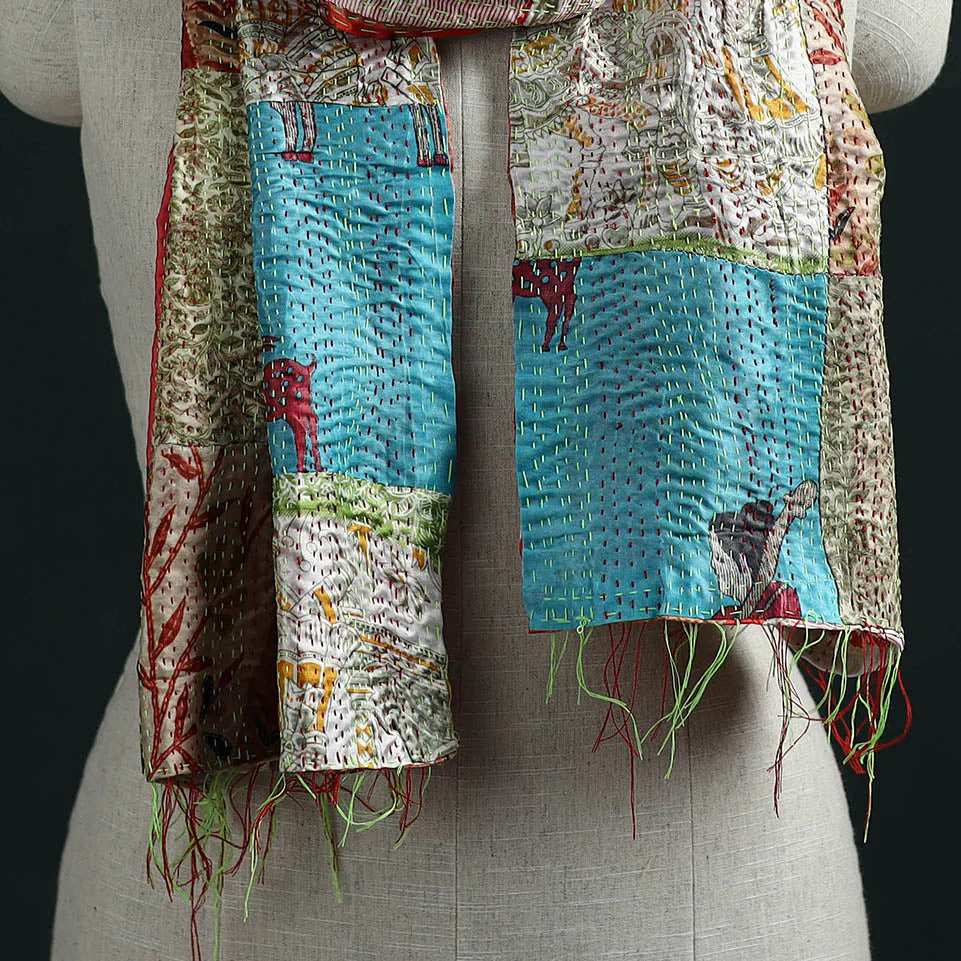 Multicolor - Patchwork Reversible Silk Bengal Hand Kantha Stitch Stole 16 - Image 2