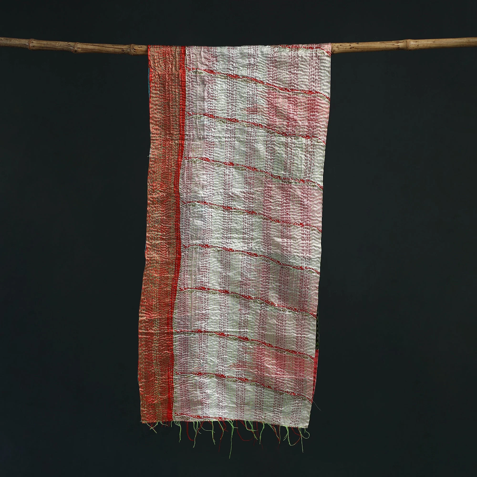 Multicolor - Patchwork Reversible Silk Bengal Hand Kantha Stitch Stole 16 - Image 3