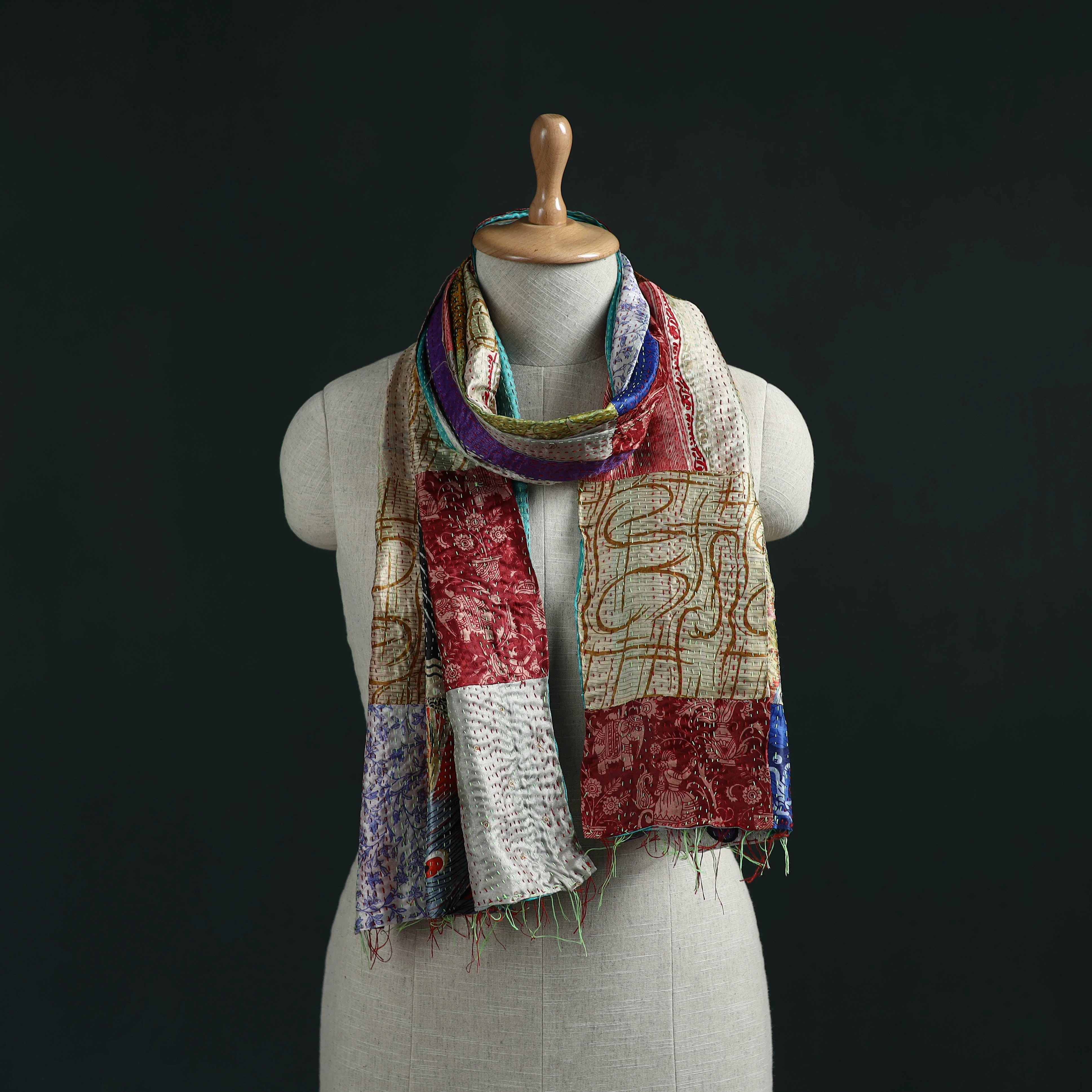 Multicolor - Patchwork Reversible Silk Bengal Hand Kantha Stitch Stole 17