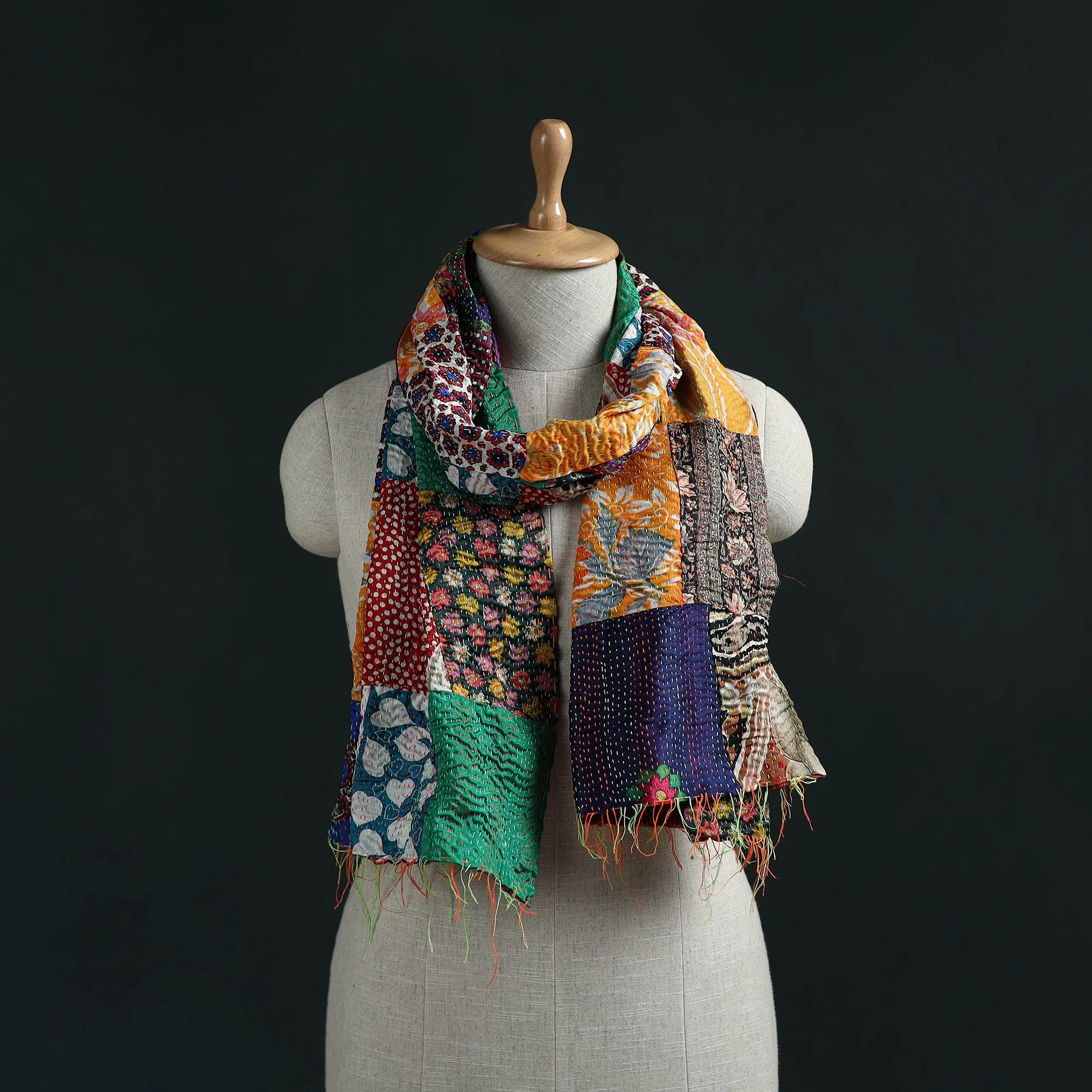 Multicolor - Patchwork Reversible Silk Bengal Hand Kantha Stitch Stole 19
