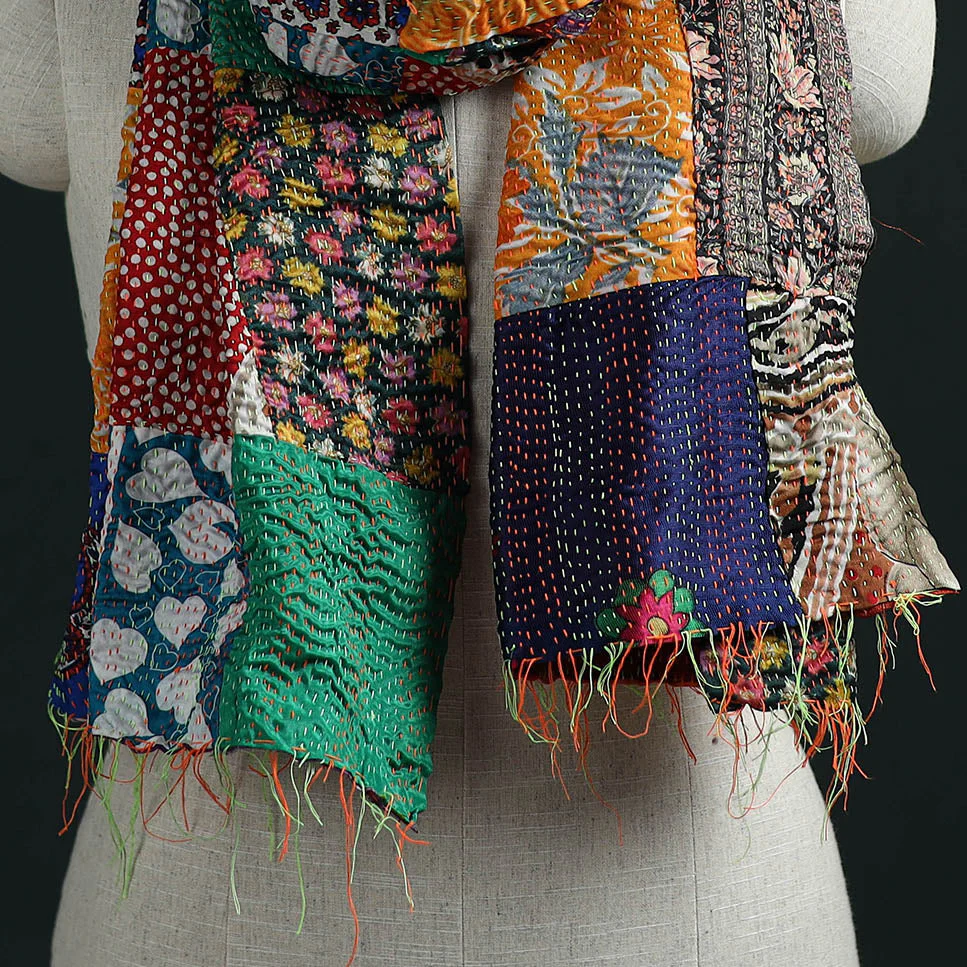 Multicolor - Patchwork Reversible Silk Bengal Hand Kantha Stitch Stole 19 - Image 2