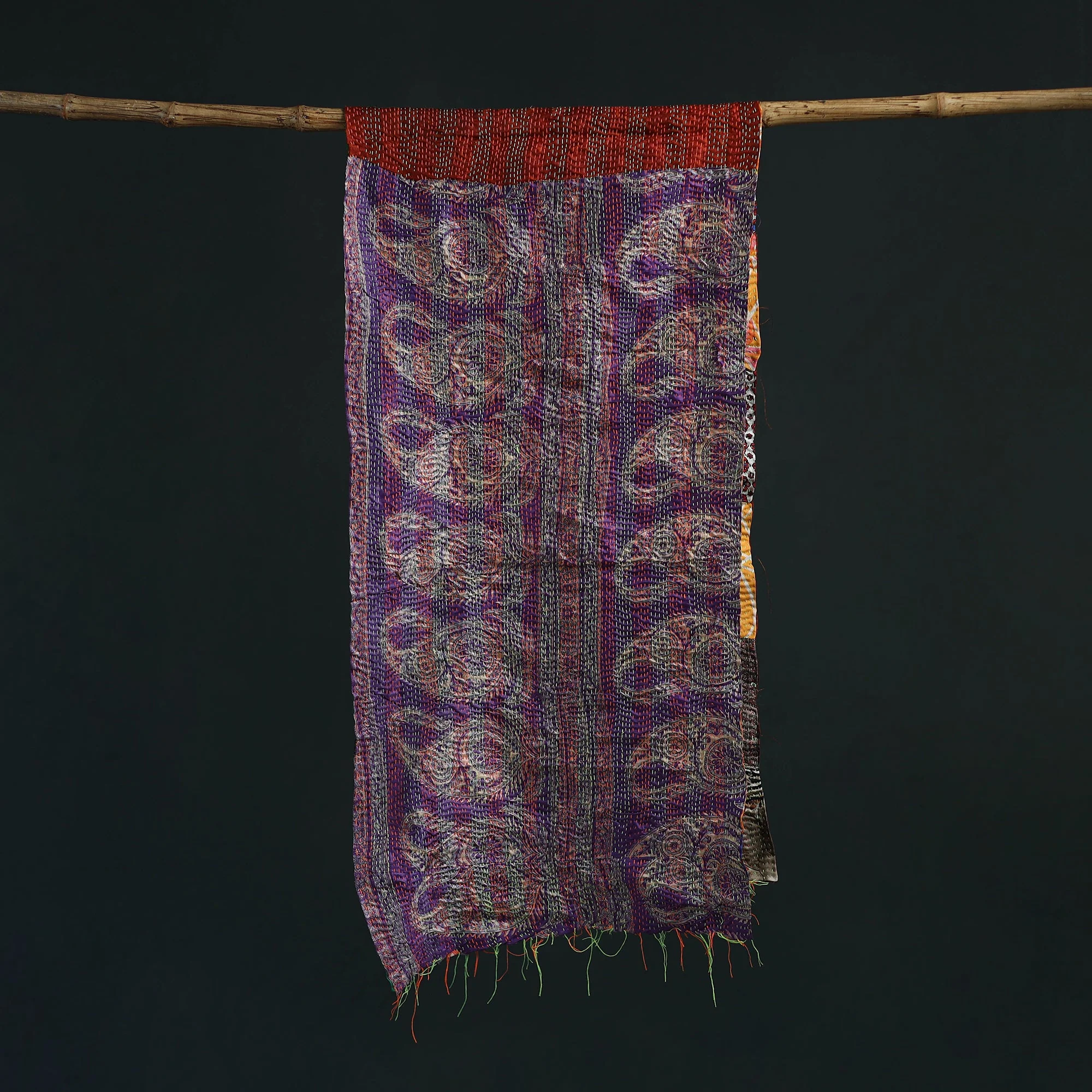 Multicolor - Patchwork Reversible Silk Bengal Hand Kantha Stitch Stole 19 - Image 3
