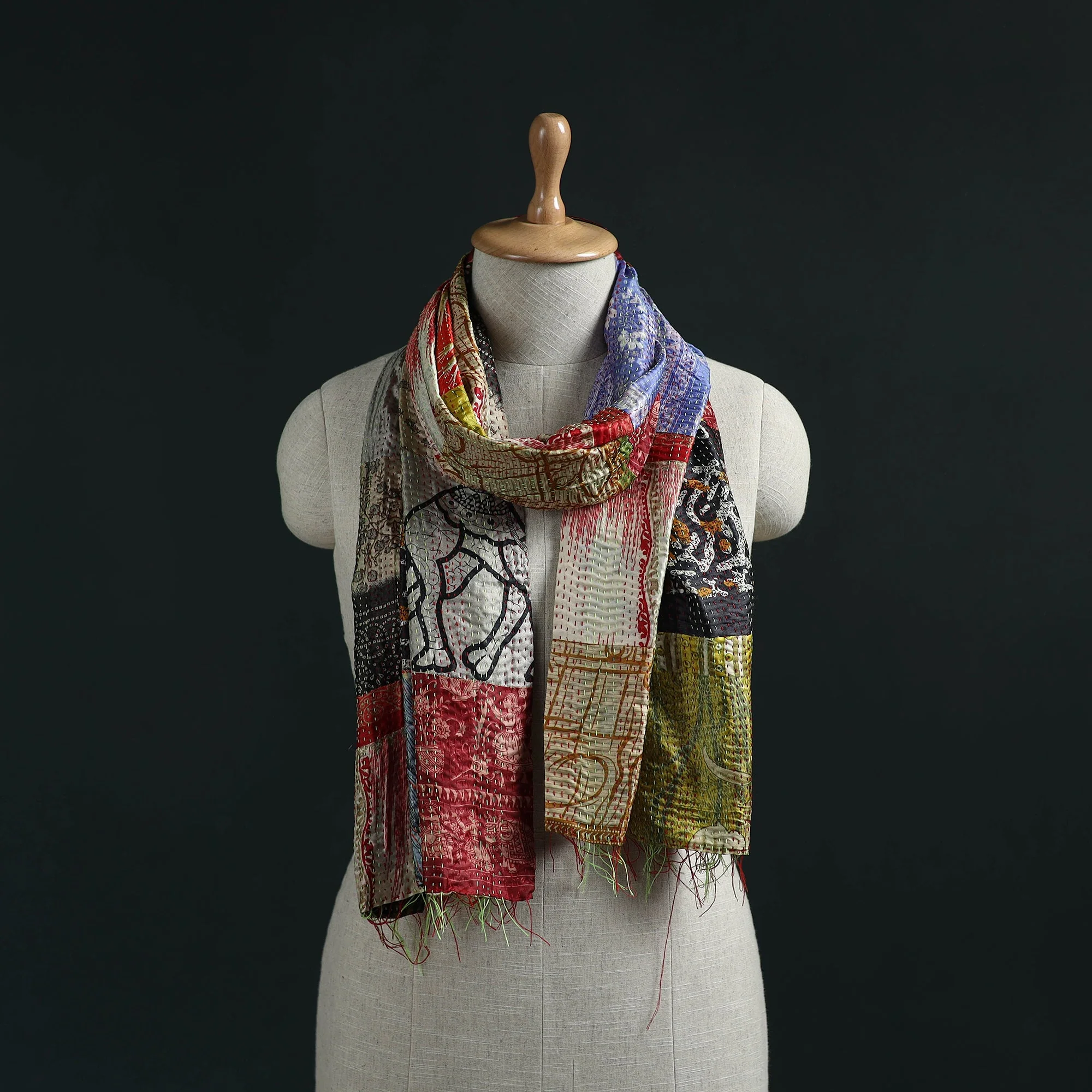 Multicolor - Patchwork Reversible Silk Bengal Hand Kantha Stitch Stole 23