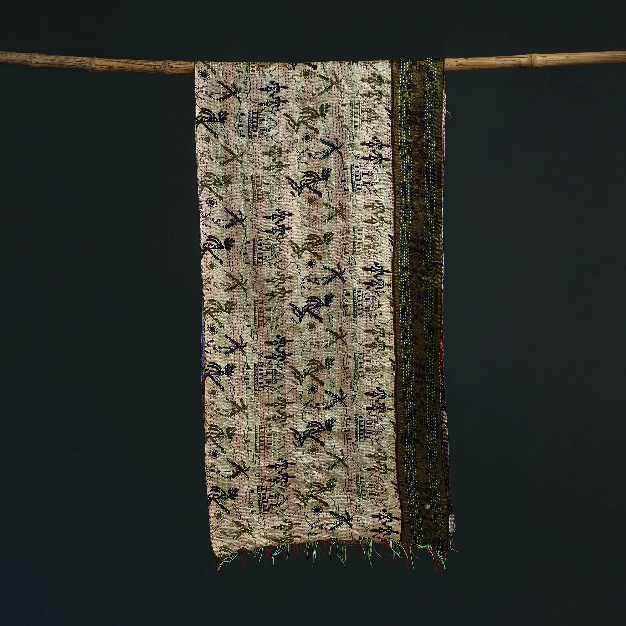 Multicolor - Patchwork Reversible Silk Bengal Hand Kantha Stitch Stole 23 - Image 3