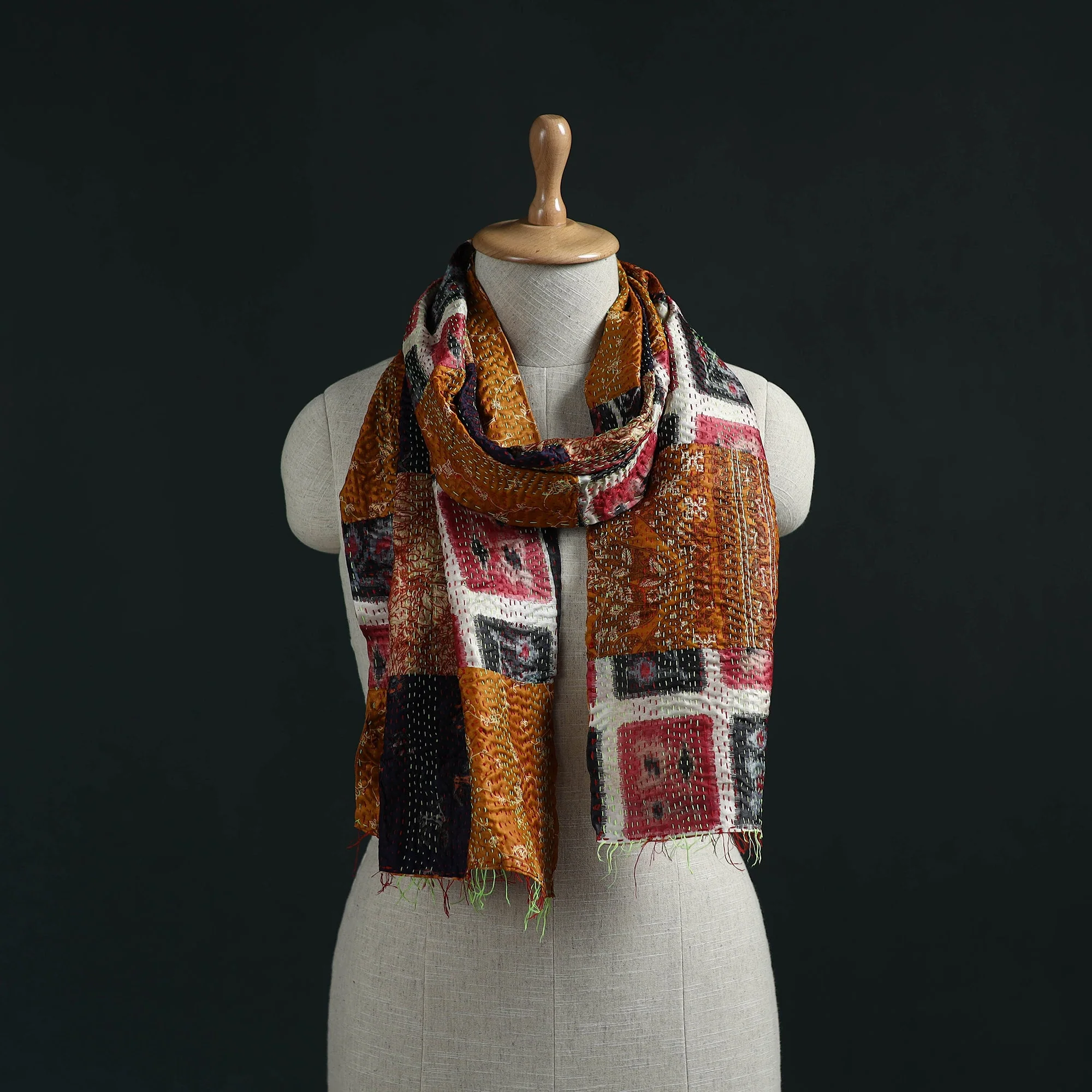 Multicolor - Patchwork Reversible Silk Bengal Hand Kantha Stitch Stole 27