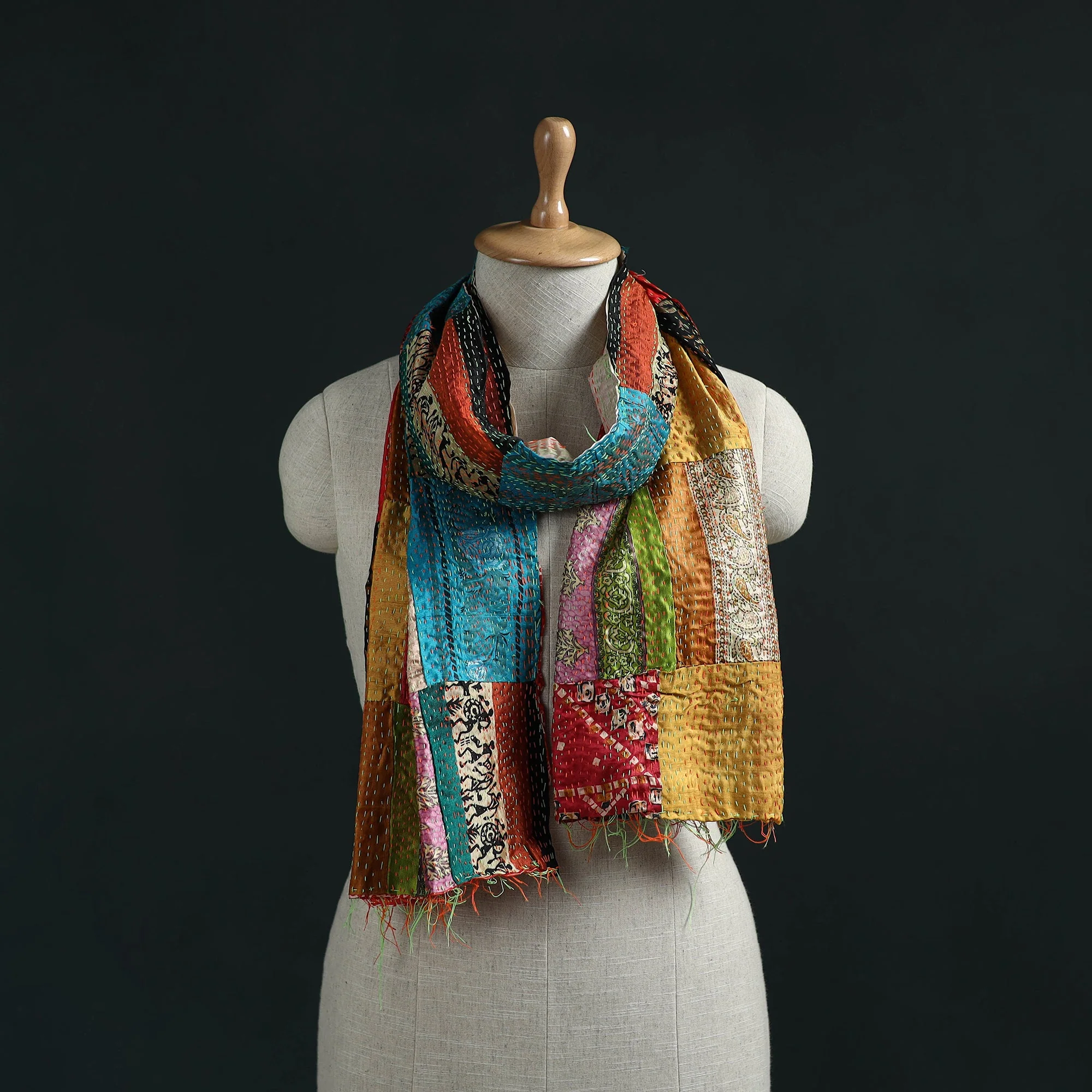 Multicolor - Patchwork Reversible Silk Bengal Hand Kantha Stitch Stole 32