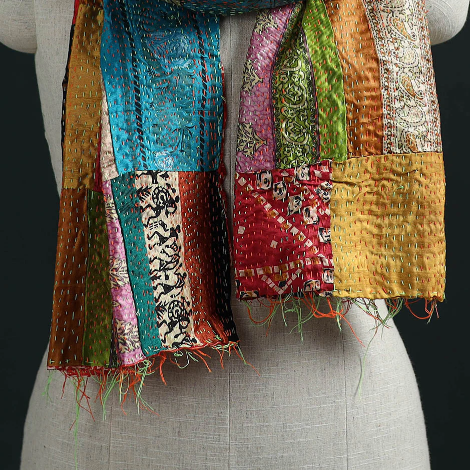 Multicolor - Patchwork Reversible Silk Bengal Hand Kantha Stitch Stole 32 - Image 2