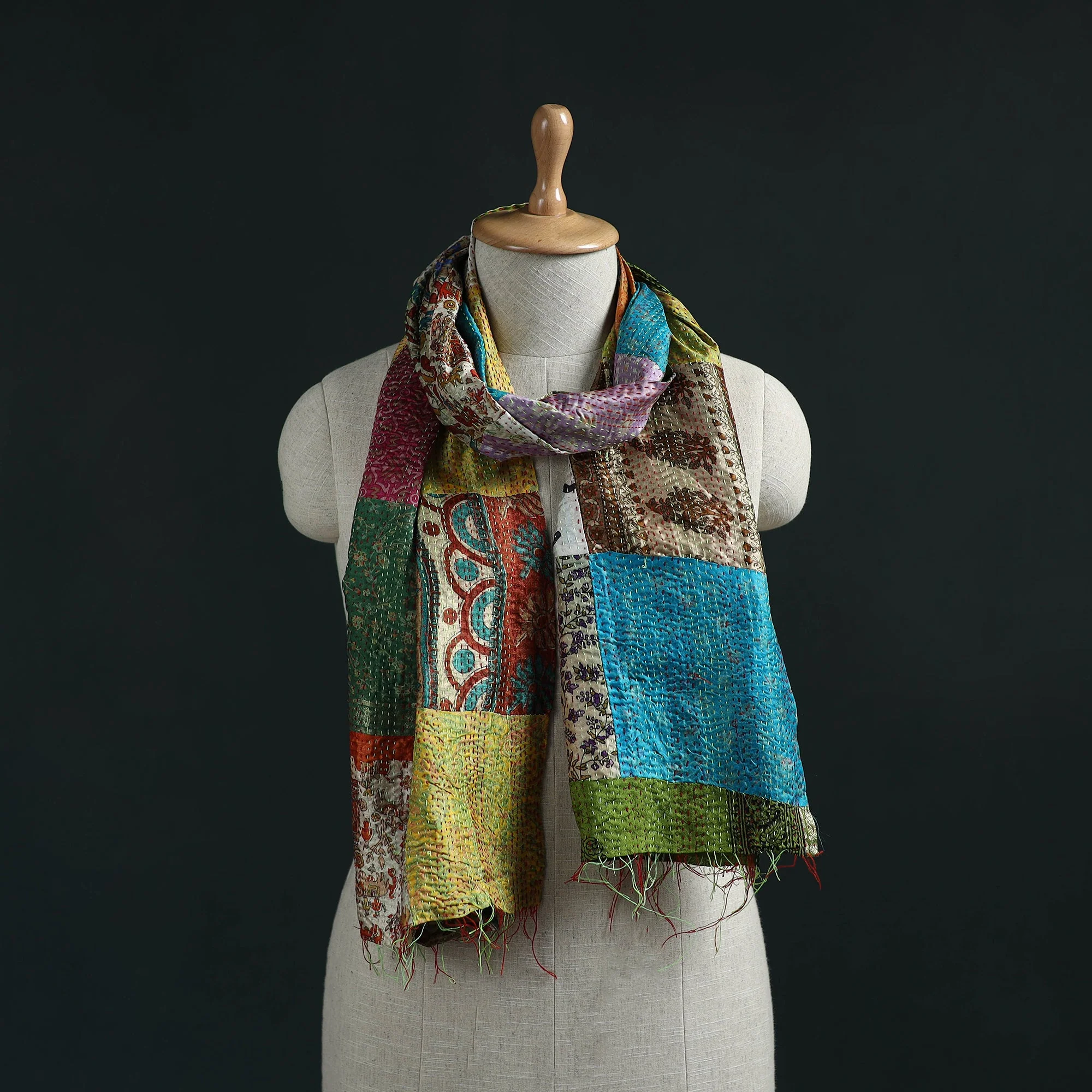 Multicolor - Patchwork Reversible Silk Bengal Hand Kantha Stitch Stole 33