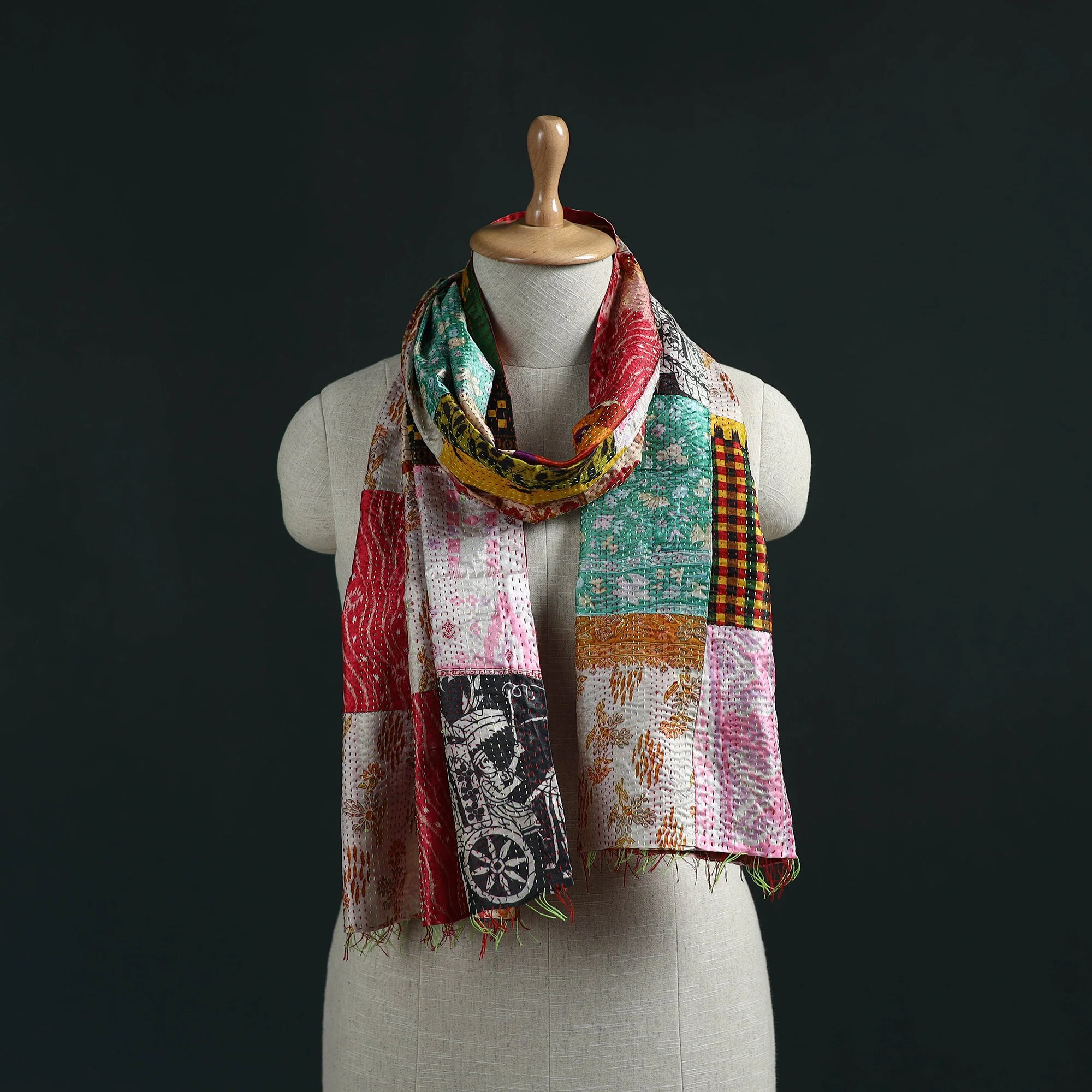 Multicolor - Patchwork Reversible Silk Bengal Hand Kantha Stitch Stole 35