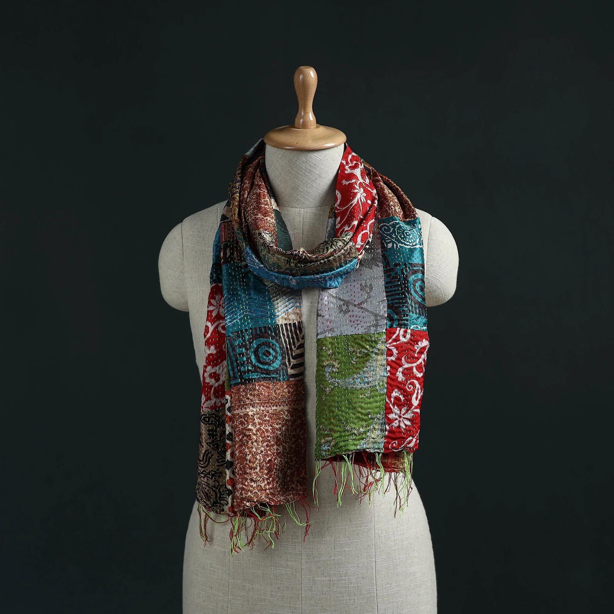 Multicolor - Patchwork Reversible Silk Bengal Hand Kantha Stitch Stole 40