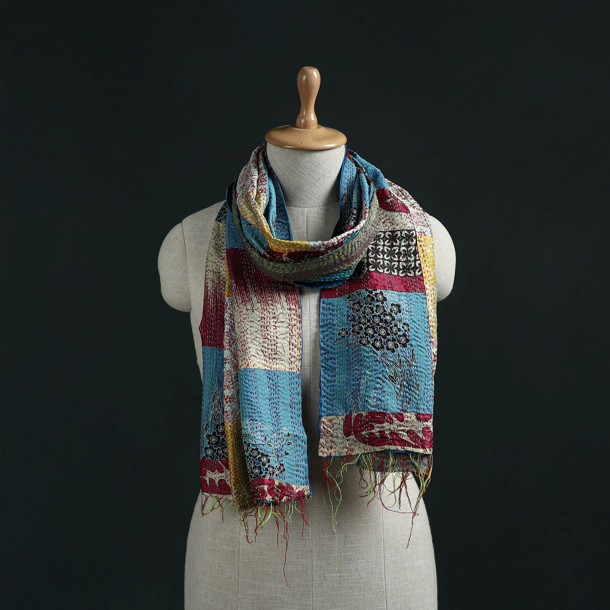Multicolor - Patchwork Reversible Silk Bengal Hand Kantha Stitch Stole 45