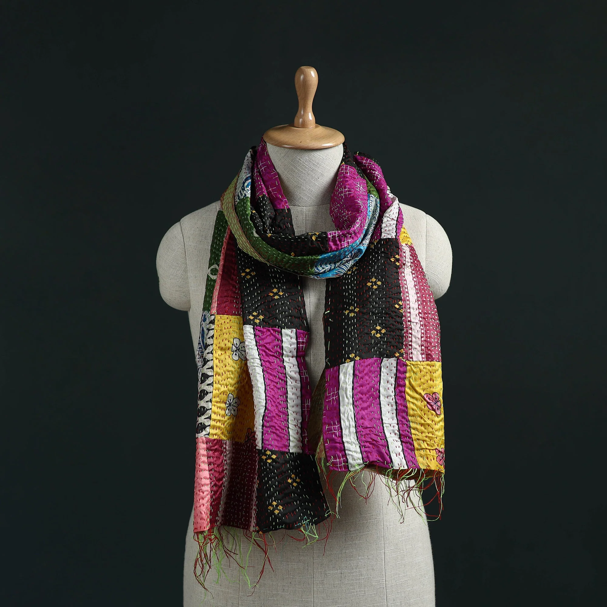 Multicolor - Patchwork Reversible Silk Bengal Hand Kantha Stitch Stole 46