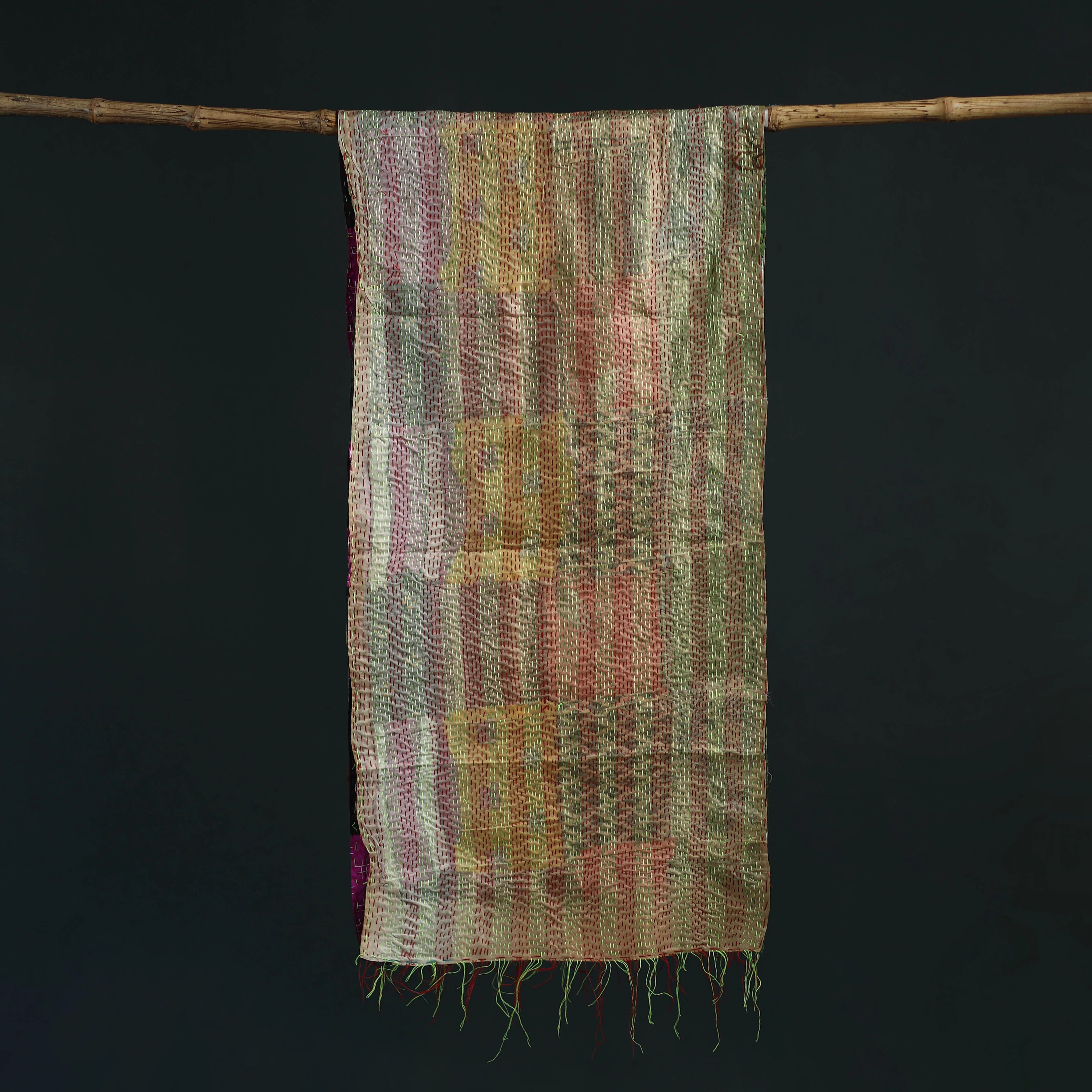 Multicolor - Patchwork Reversible Silk Bengal Hand Kantha Stitch Stole 46 - Image 3
