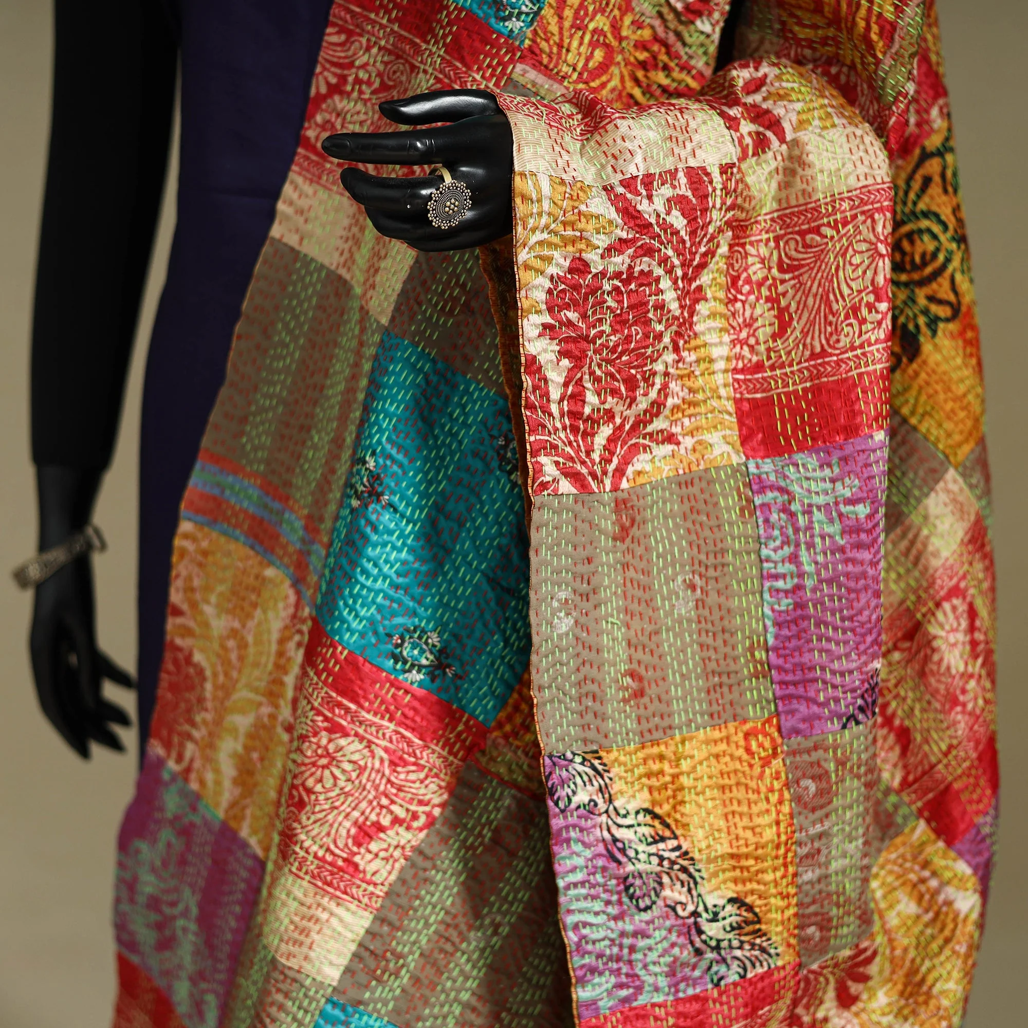 Patchwork Reversible Silk Bengal Kantha Work Dupatta 53 - Image 4