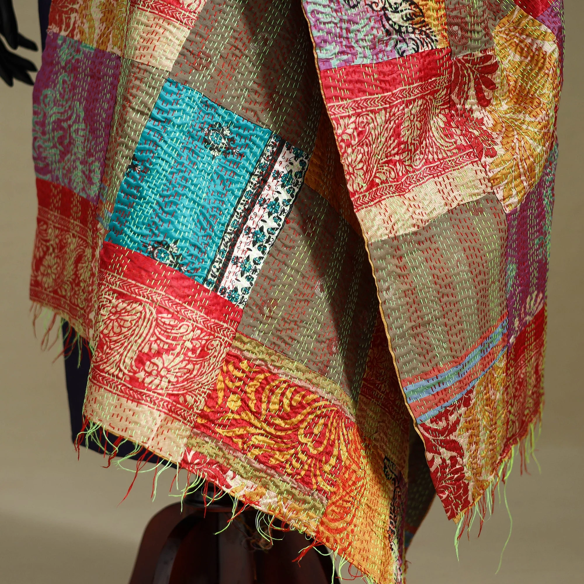 Patchwork Reversible Silk Bengal Kantha Work Dupatta 53 - Image 5