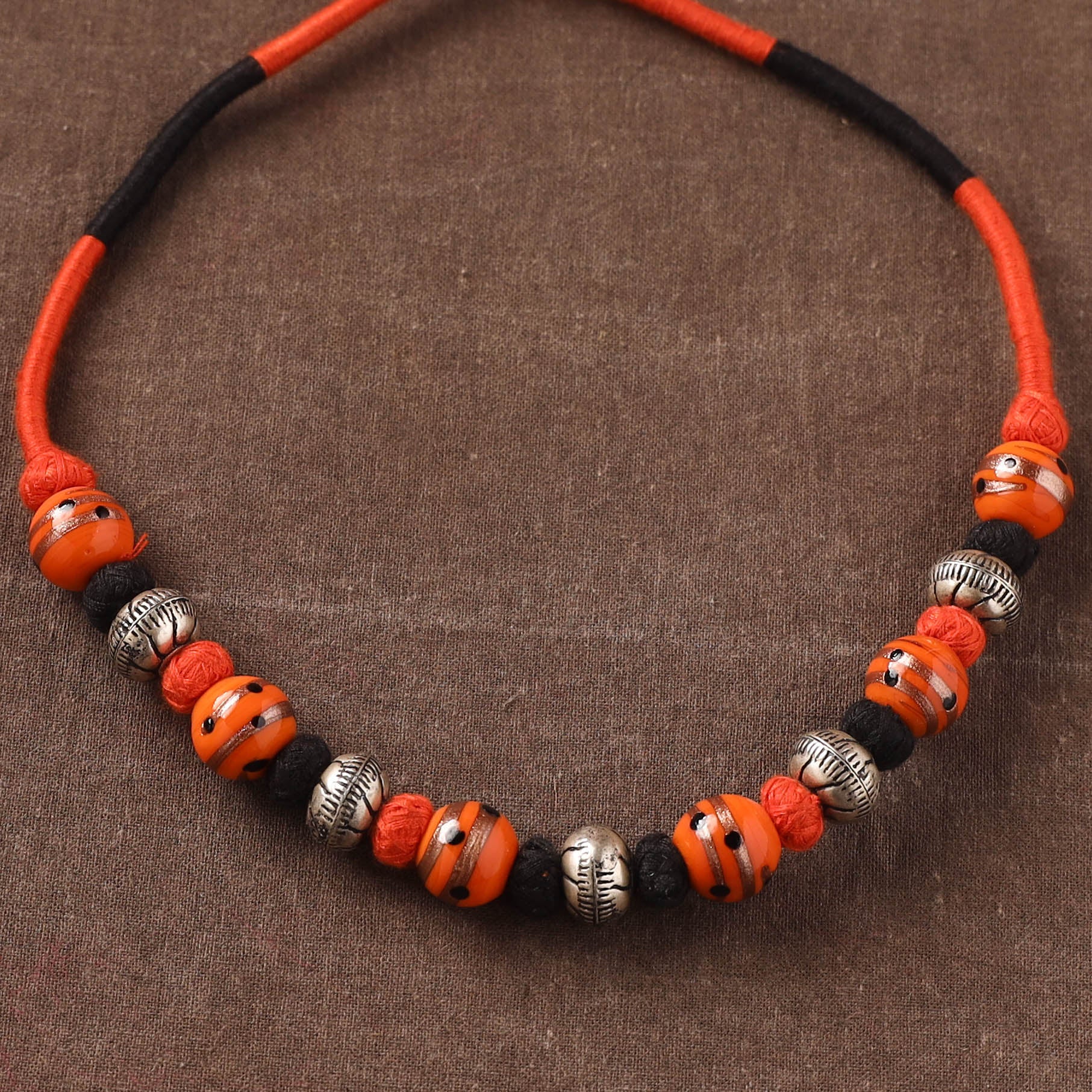 Orange - Patwa Threadwork Blue Pottery Beaded Necklace by Kailash Patwa 11 - Image 3