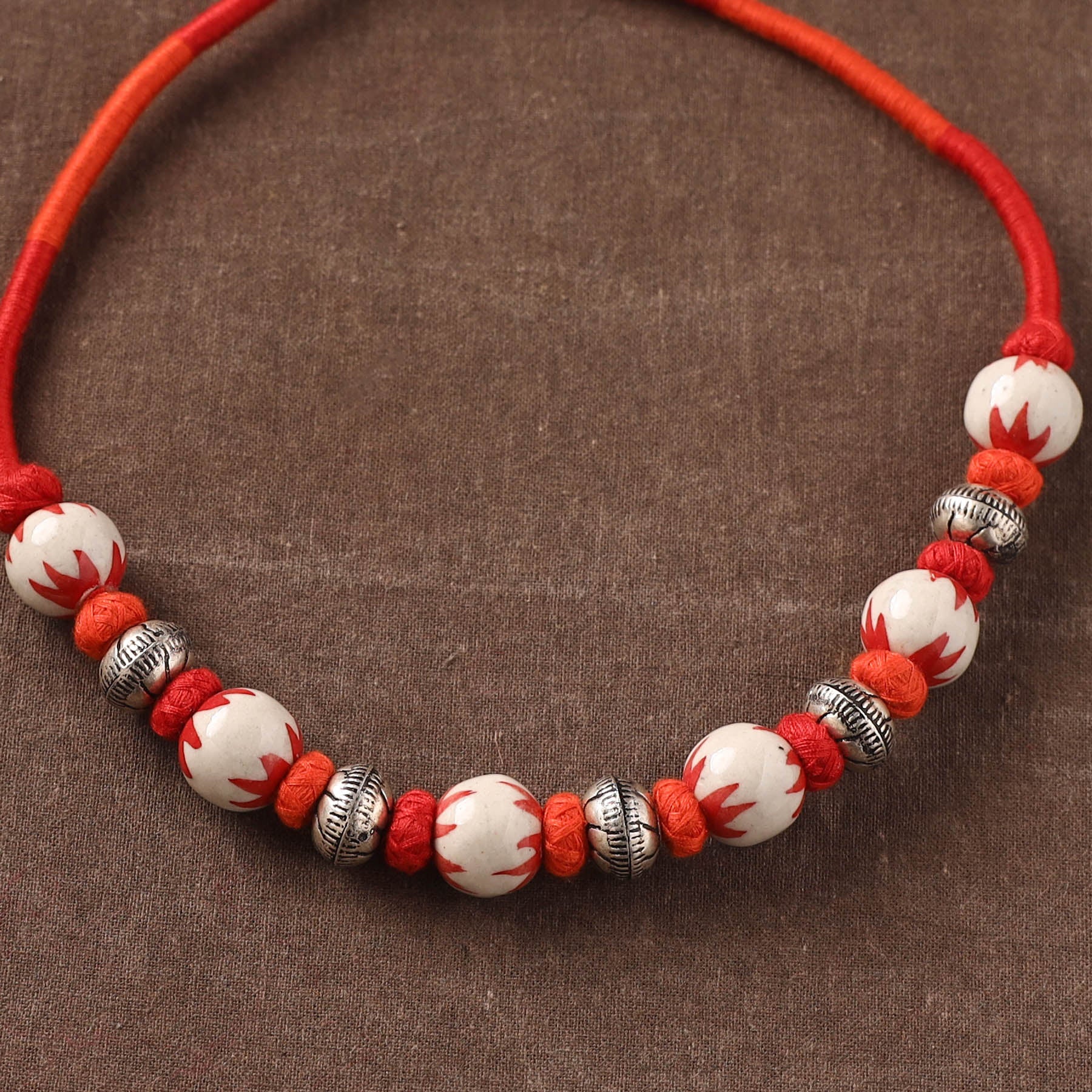 Orange - Patwa Threadwork Blue Pottery Beaded Necklace by Kailash Patwa 12 - Image 3