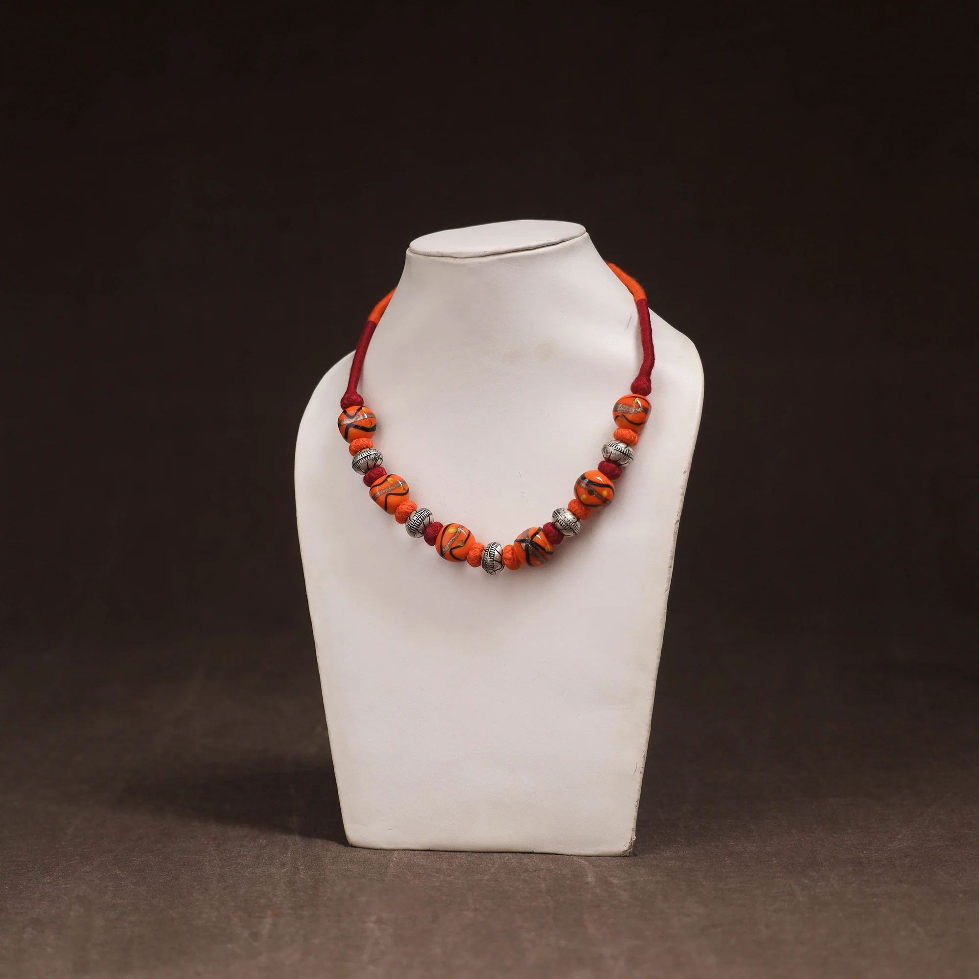 Orange - Patwa Threadwork Blue Pottery Beaded Necklace by Kailash Patwa 17