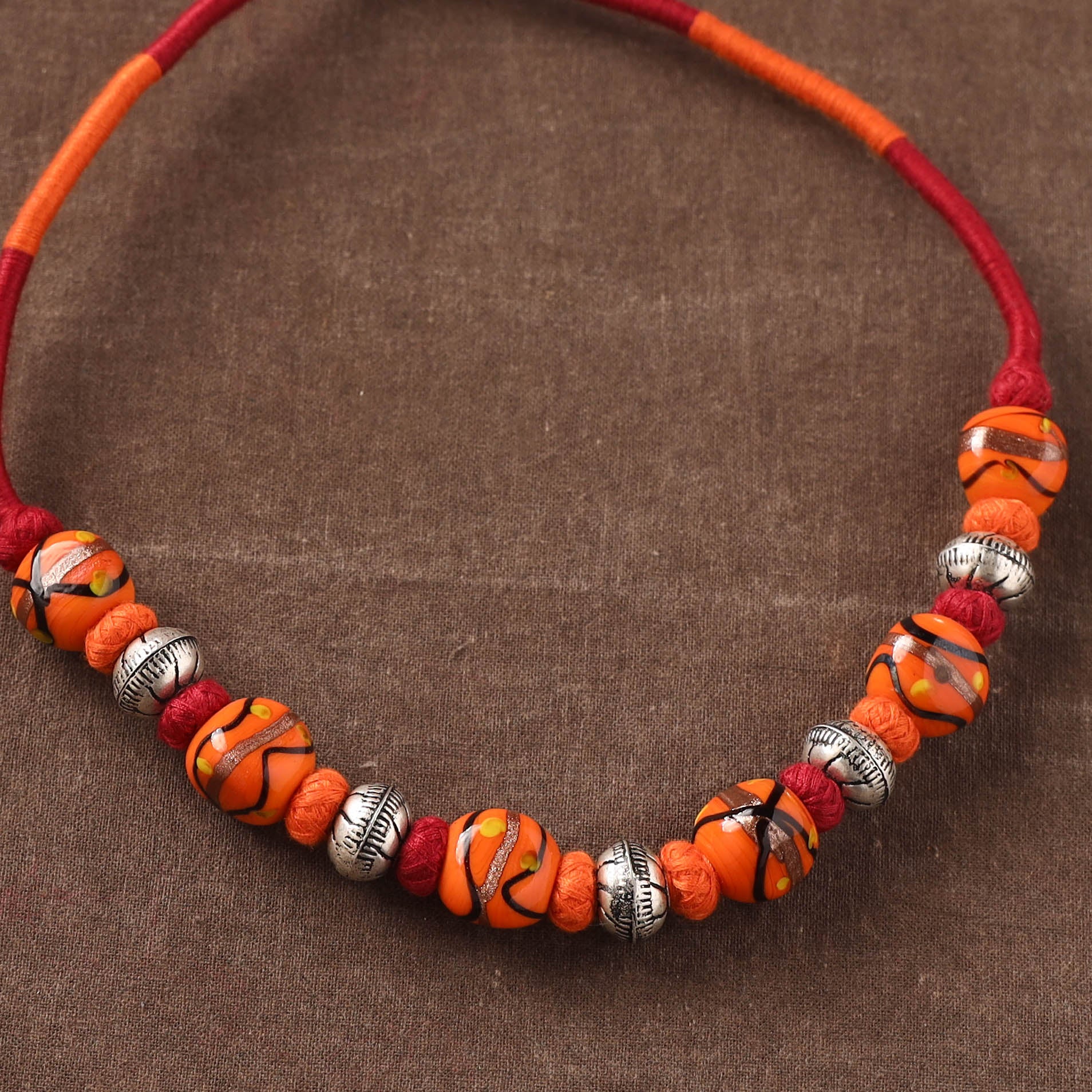 Orange - Patwa Threadwork Blue Pottery Beaded Necklace by Kailash Patwa 17 - Image 3