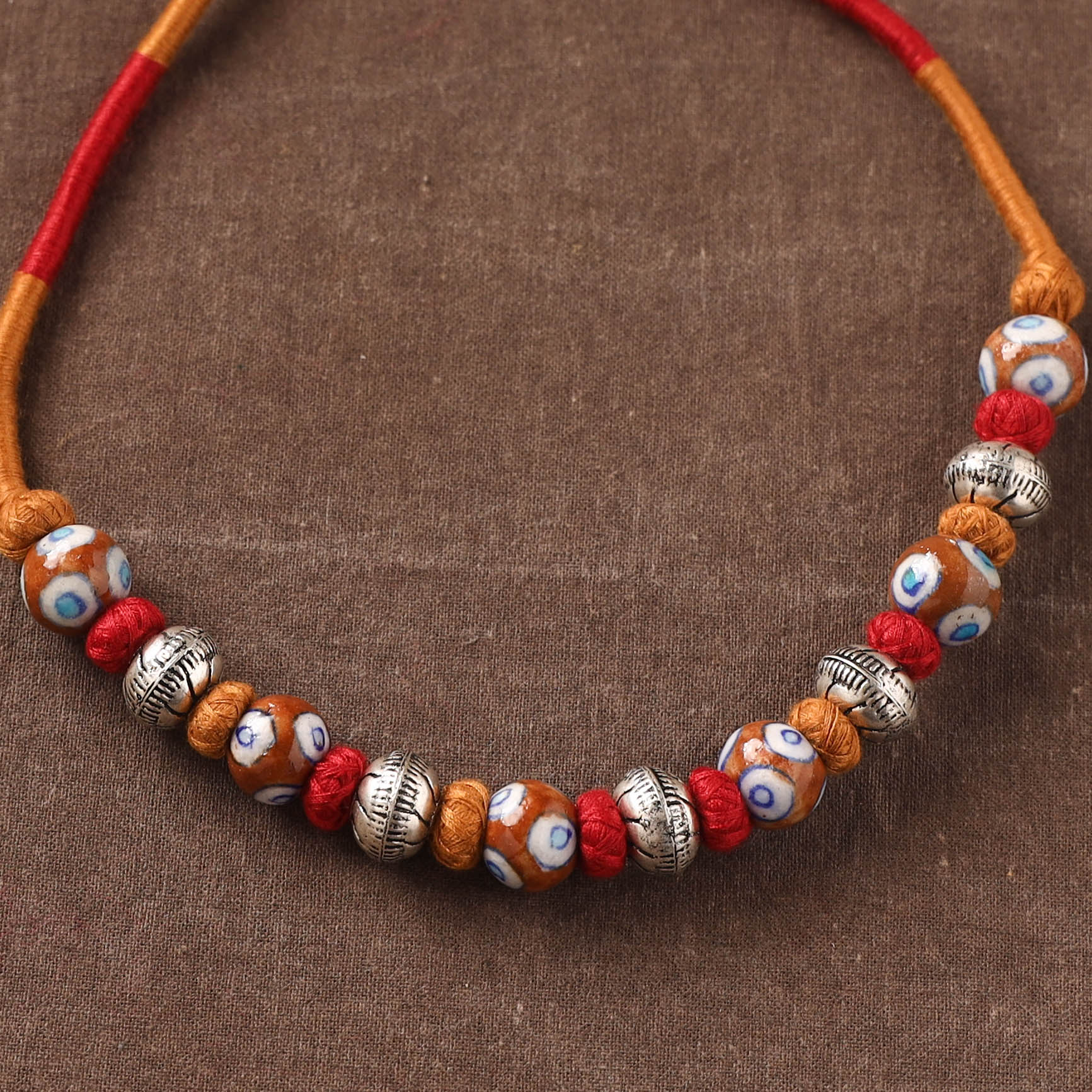 Brown - Patwa Threadwork Blue Pottery Beaded Necklace by Kailash Patwa 22 - Image 3