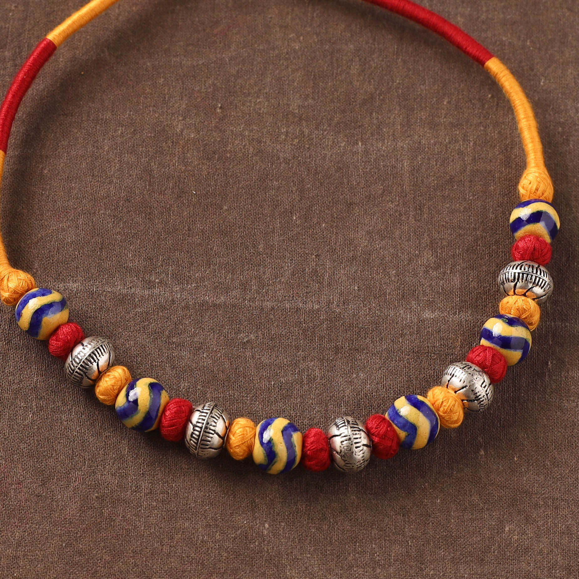 Yellow - Patwa Threadwork Blue Pottery Beaded Necklace by Kailash Patwa 26 - Image 3