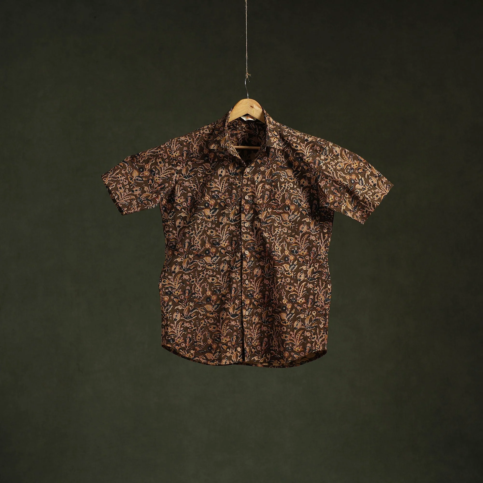 Brown - Pedana Hand Block Print Natural Dyed Cotton Half Sleeve Men Kalamkari Shirt 01 - Image 3