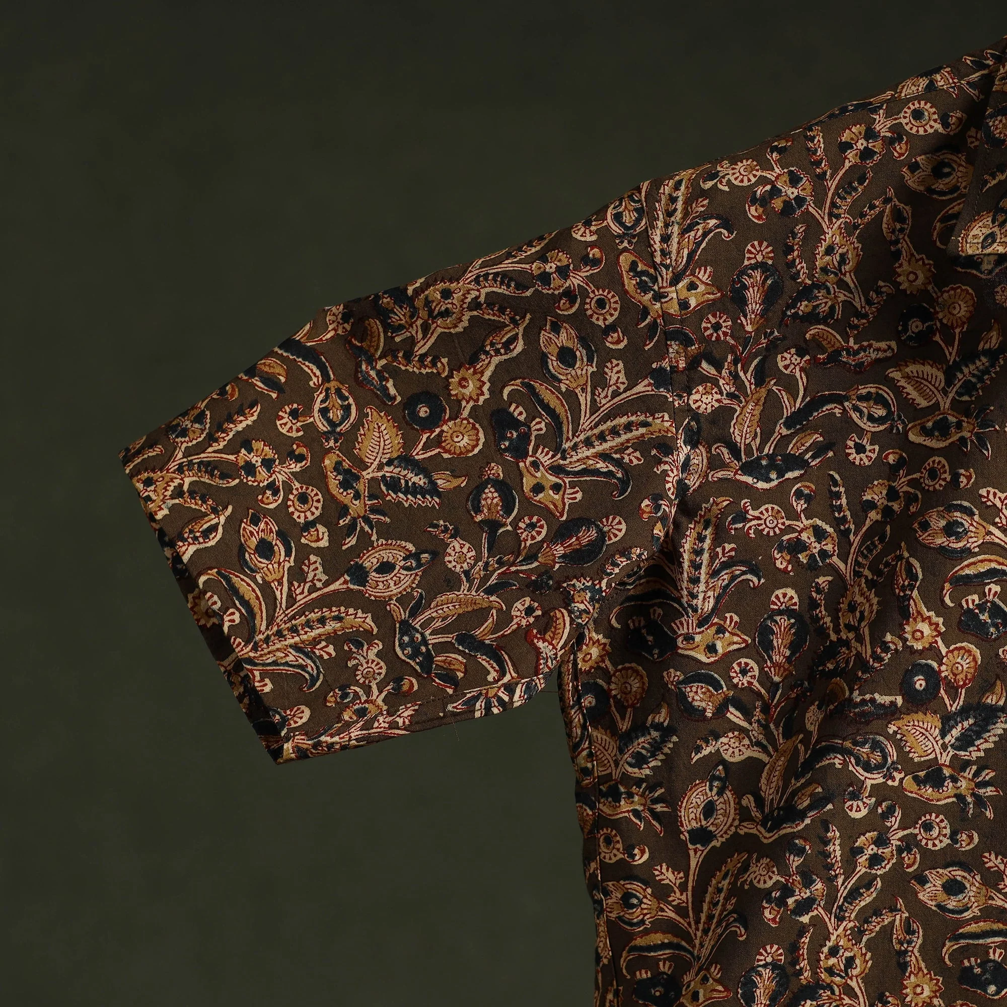 Brown - Pedana Hand Block Print Natural Dyed Cotton Half Sleeve Men Kalamkari Shirt 01 - Image 4